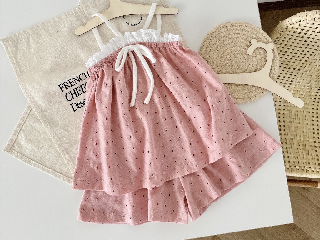 KM - Set áo dây hồng phối ren + quần váy(60-120)