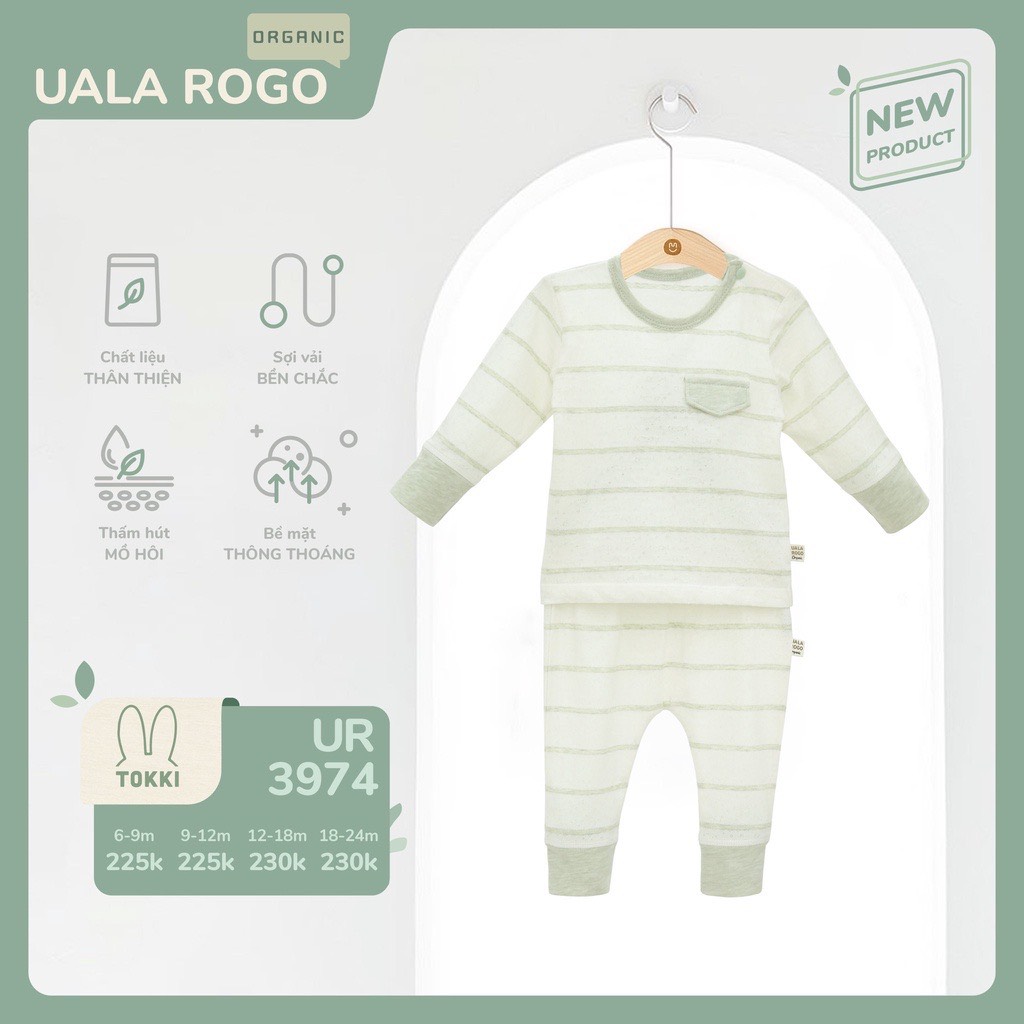 UALA ROGO Bộ cài vai dài tay Organic kẻ(6-24M)