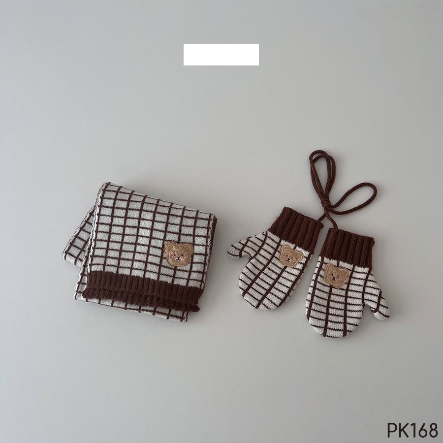OBB Set khăn len + bao tay ( màu be,kẻ ngang,kẻ ô)