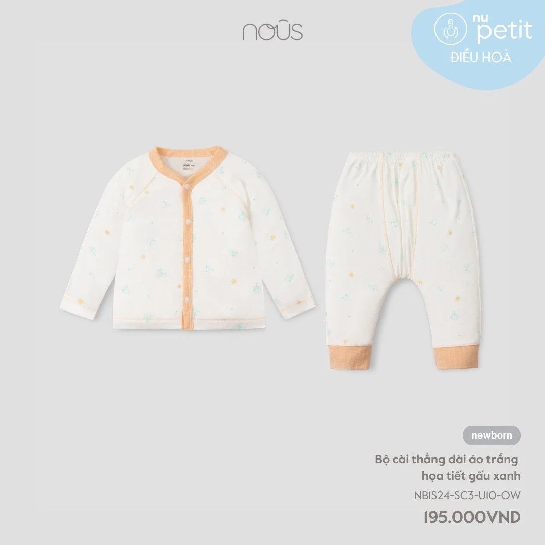 NOUS - Bộ cài thẳng dài áo trắng HT gấu xanh NB