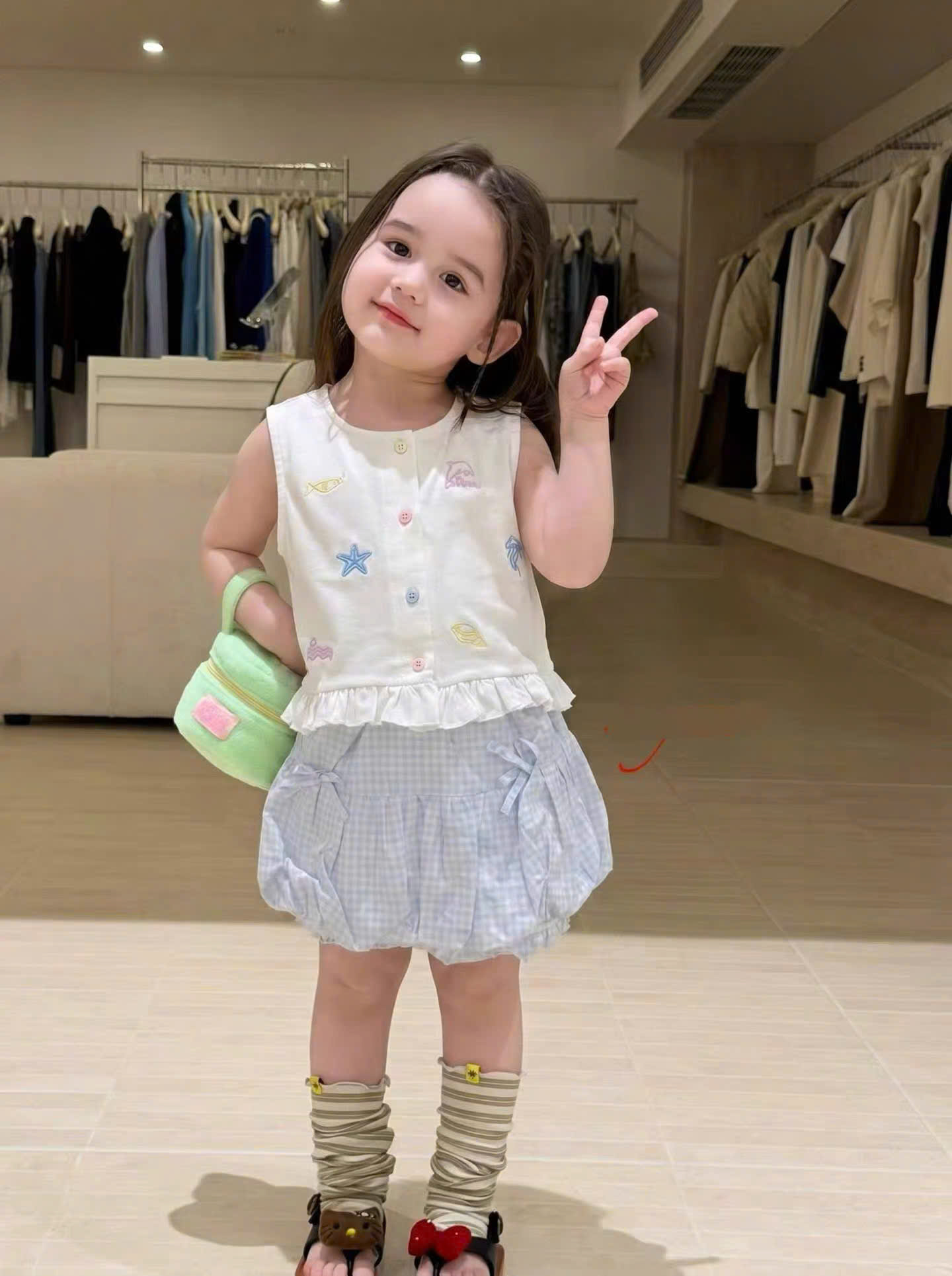 TL - Set áo hoạ tiết biển cả mix short bí caro xanh (80-130)
