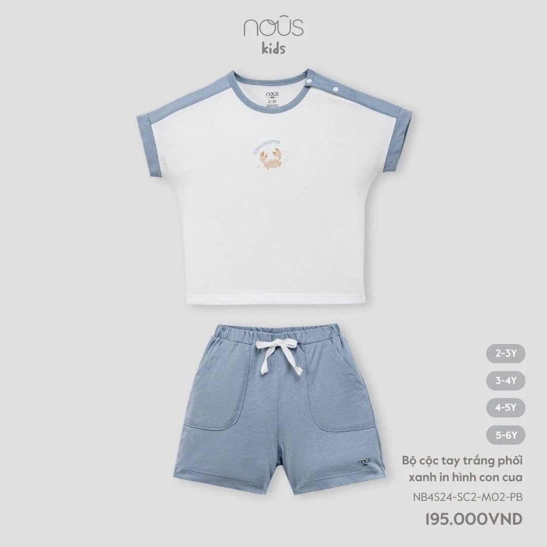 NOUS - Bộ cộc tay trắng phối xanh in hình con cua(4-5Y)
