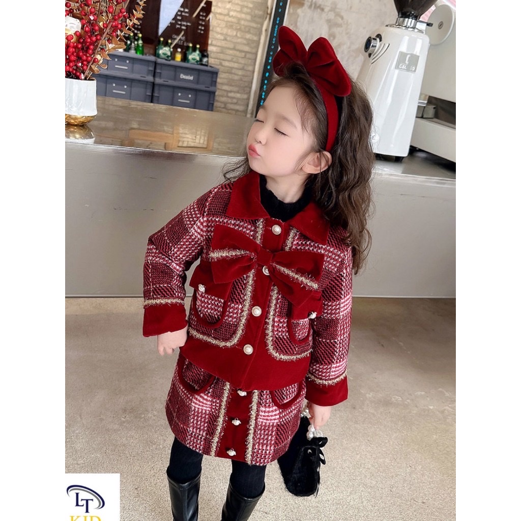 MT Set dạ Tweed đỏ cúc ngọc cổ nơ(90-130)