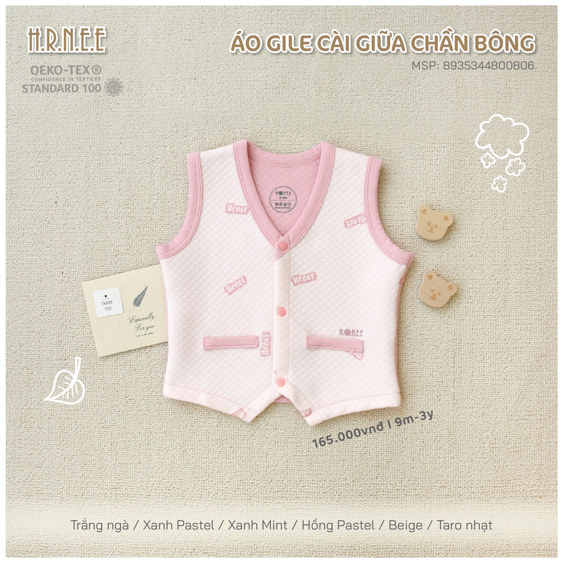 HRNEE Áo Gile cài giữa chần bông(S6-3Y)