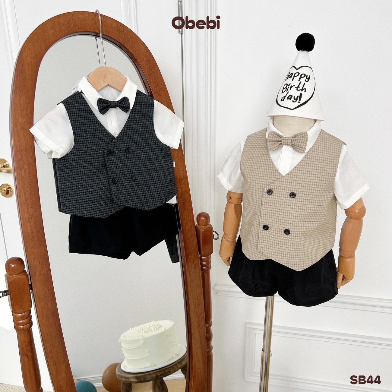 OBEBI - Set bộ cộc sơ mi phối ghile kẻ kèm nơ cổ OBEBI (73-120)