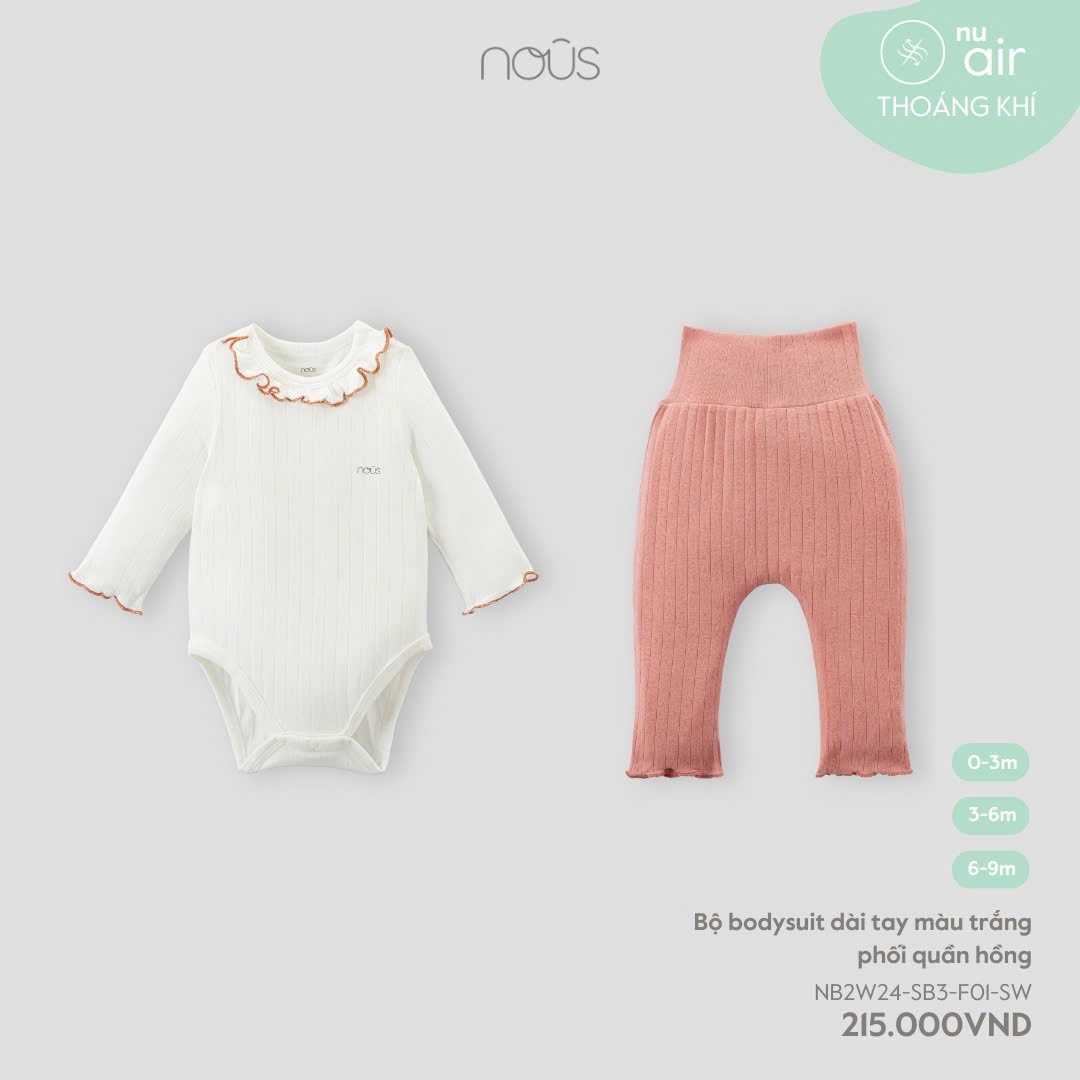 NOUS - Bodysuit dài tay trắng phối quần hồng(0-6M)