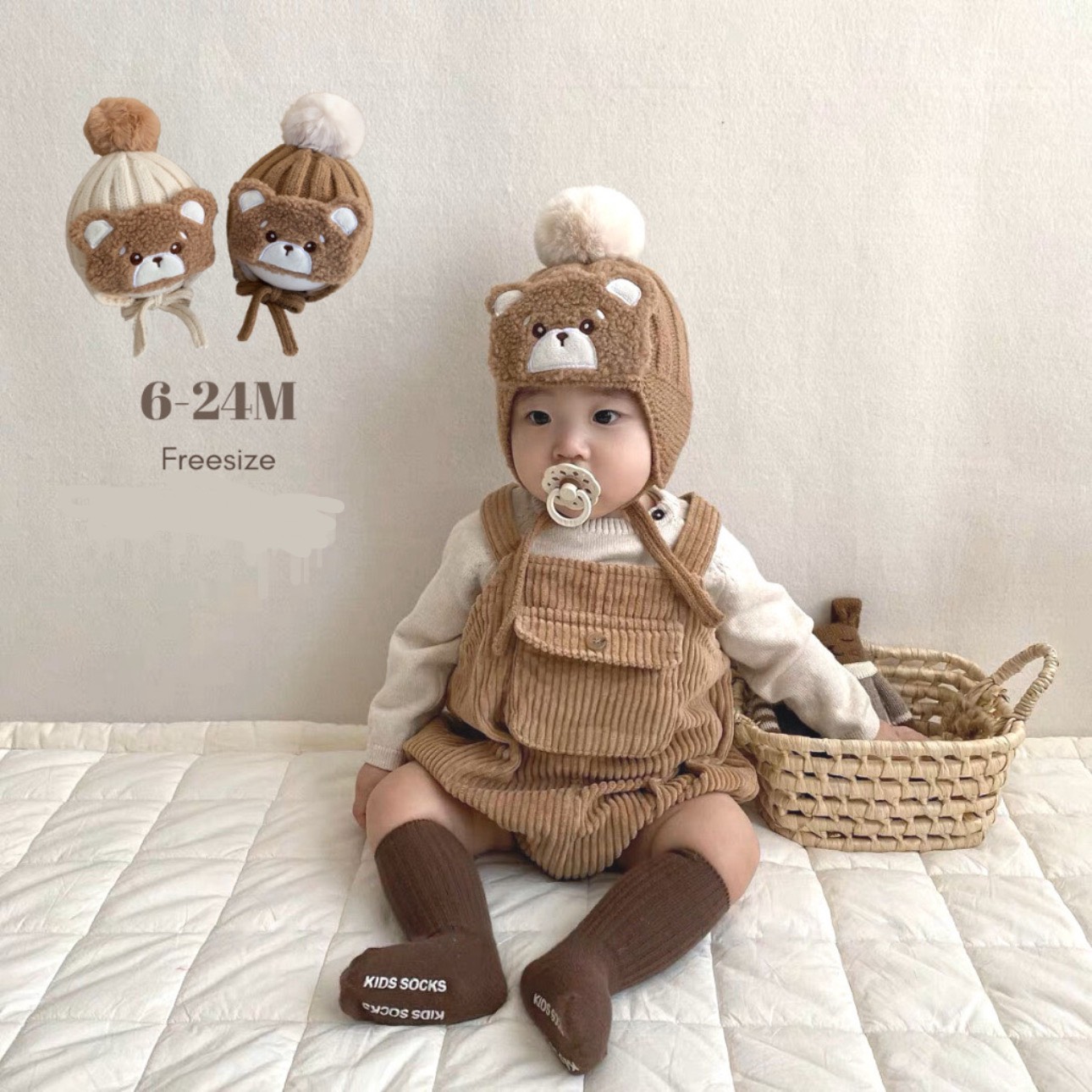 MIM Mũ len quả bông buộc dây đính Gấu xù(6-24M)