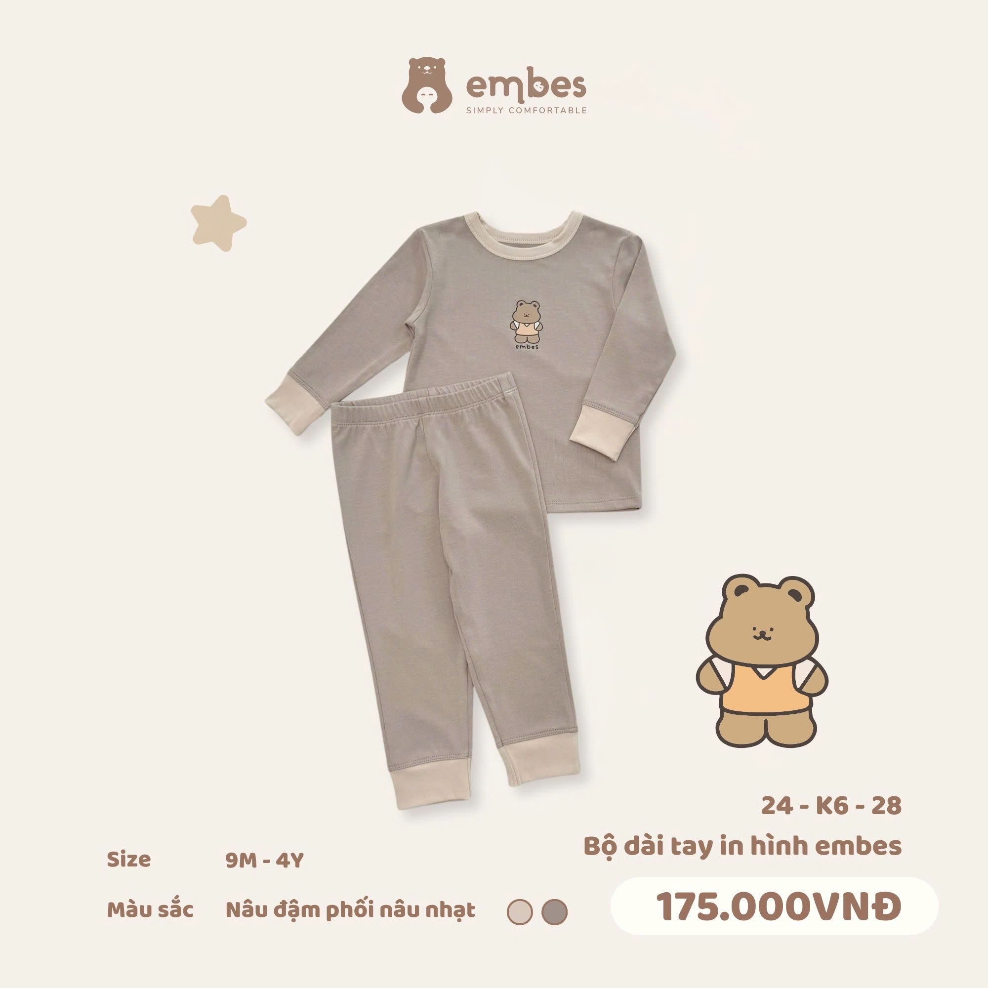 TH - Bộ dài tay in hình Gấu Embes(9M-4Y)