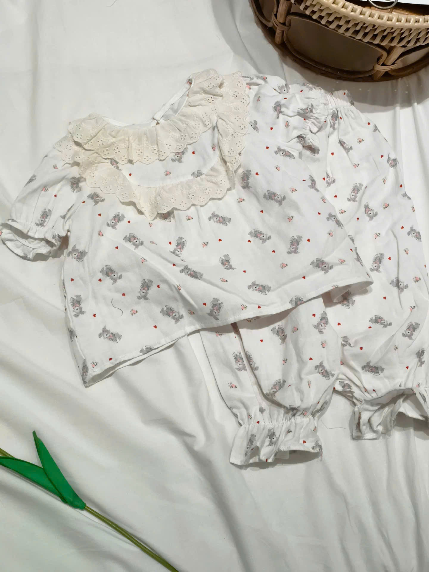 TL - Bộ ngủ cổ bèo hoạt tiết thỏ trái tim (90-130)