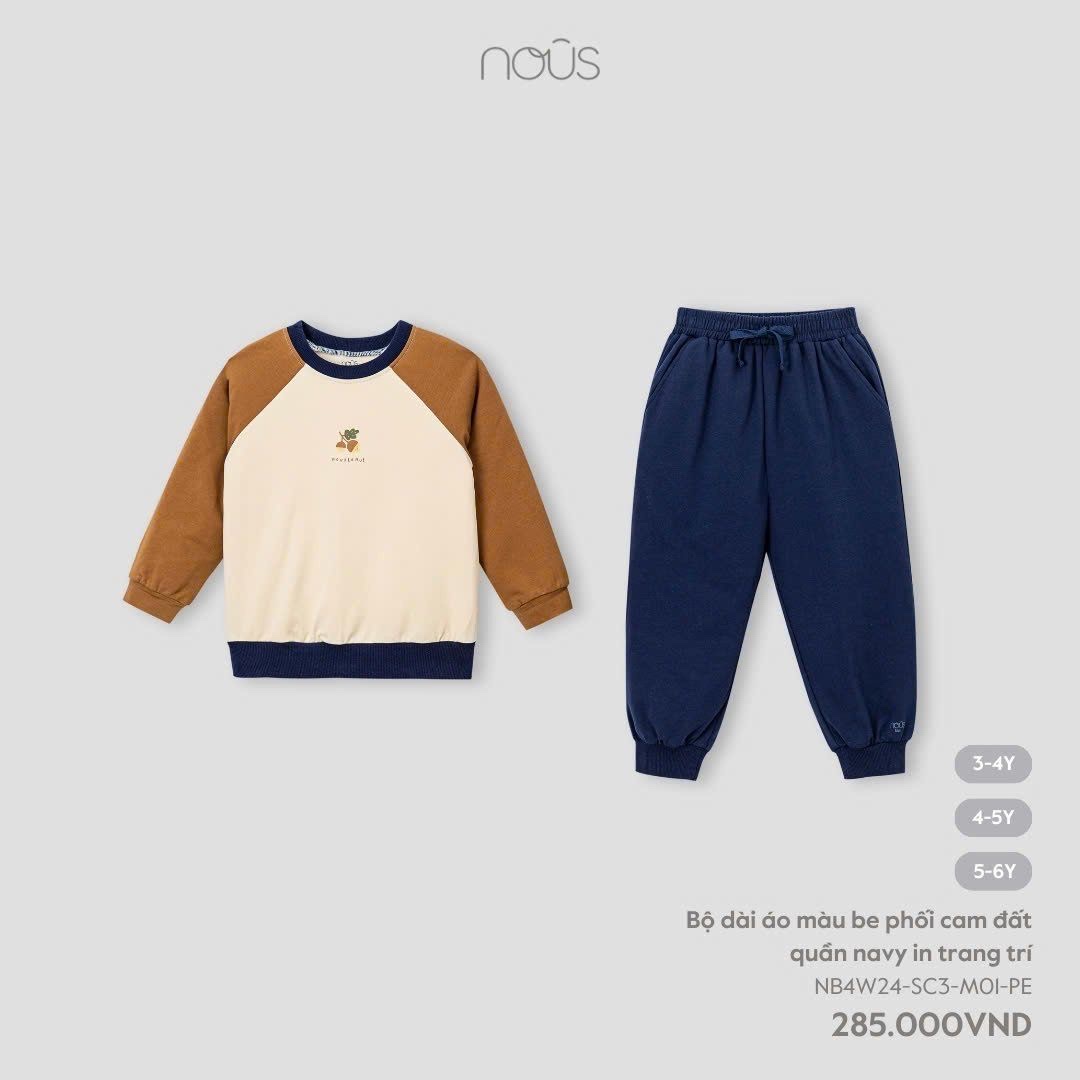 NOUS - Bộ dài áo màu be phối cam đất quần navy(3-5Y)