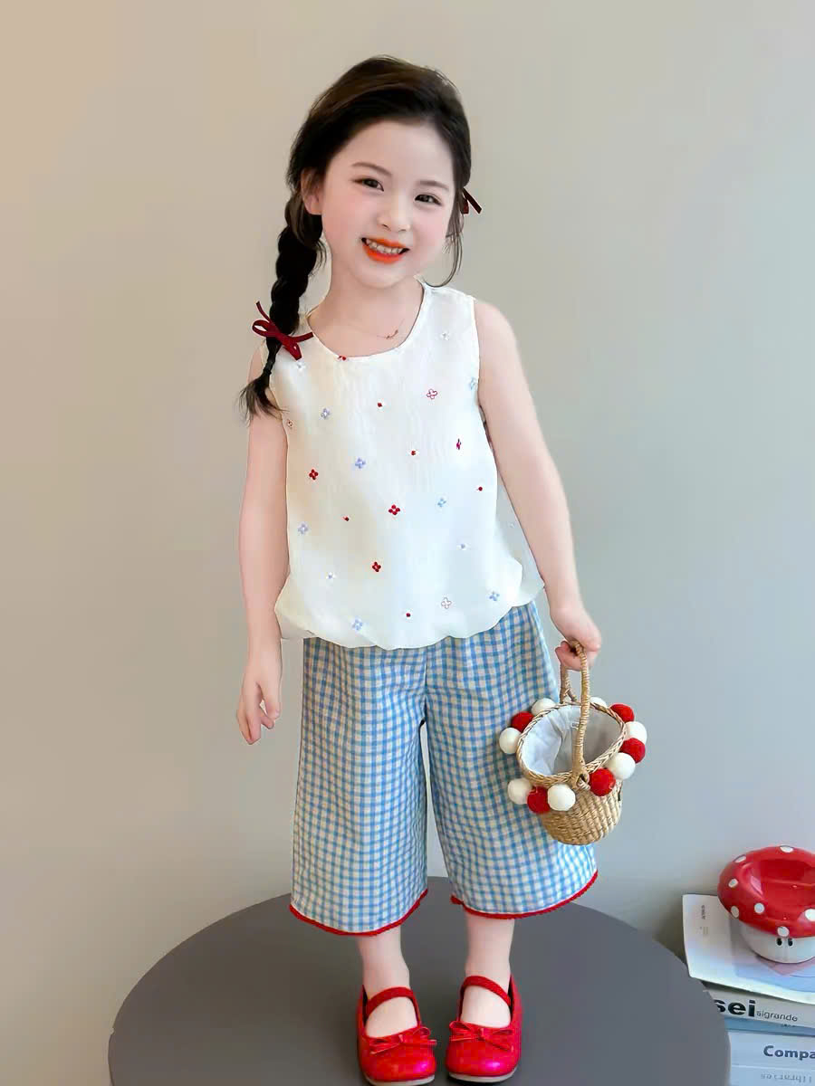TL - Set áo bí hoạ tiết quần caro xanh (80-130)