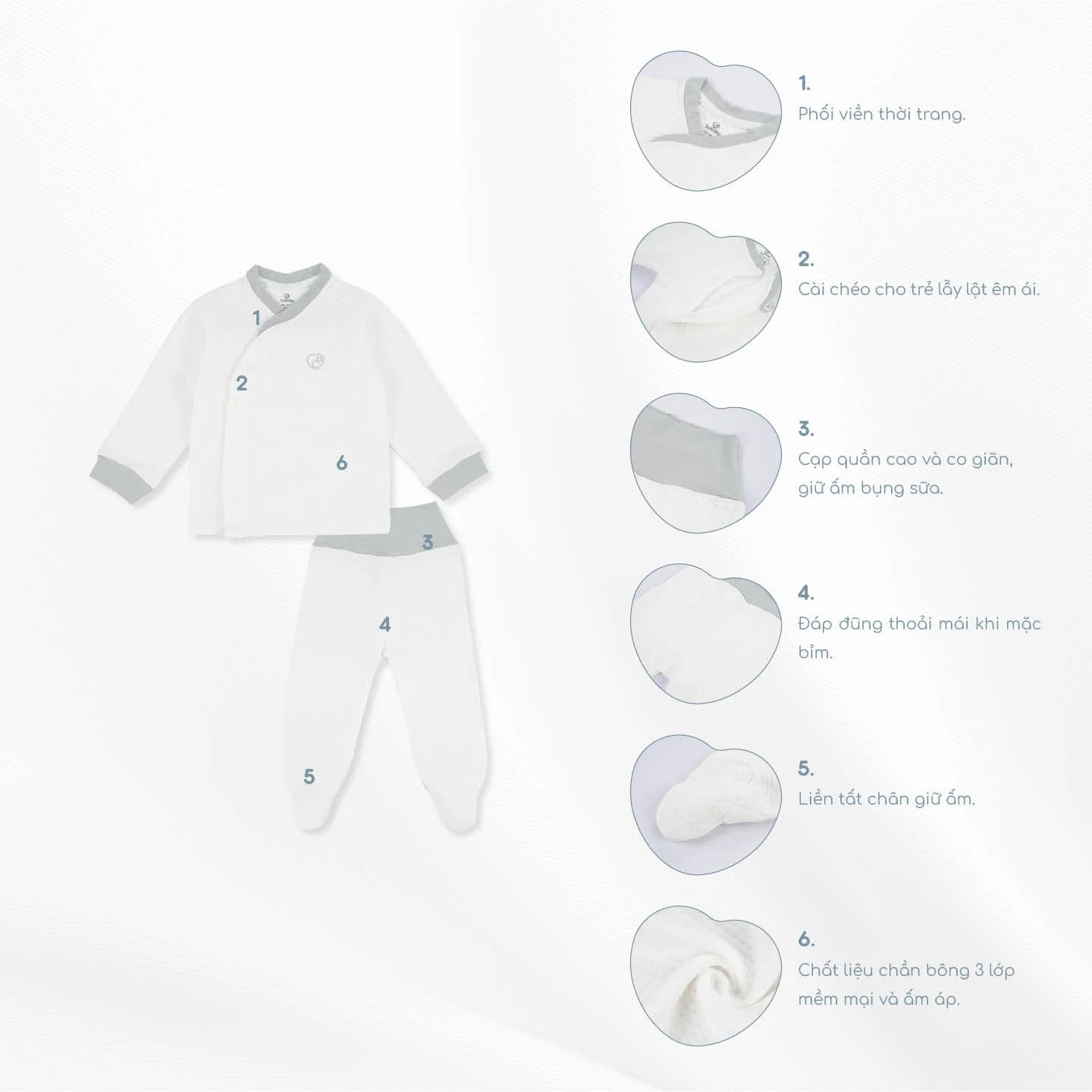 BU Bộ dài tay cài chéo Quilted liền tất chần bông(0-6M)