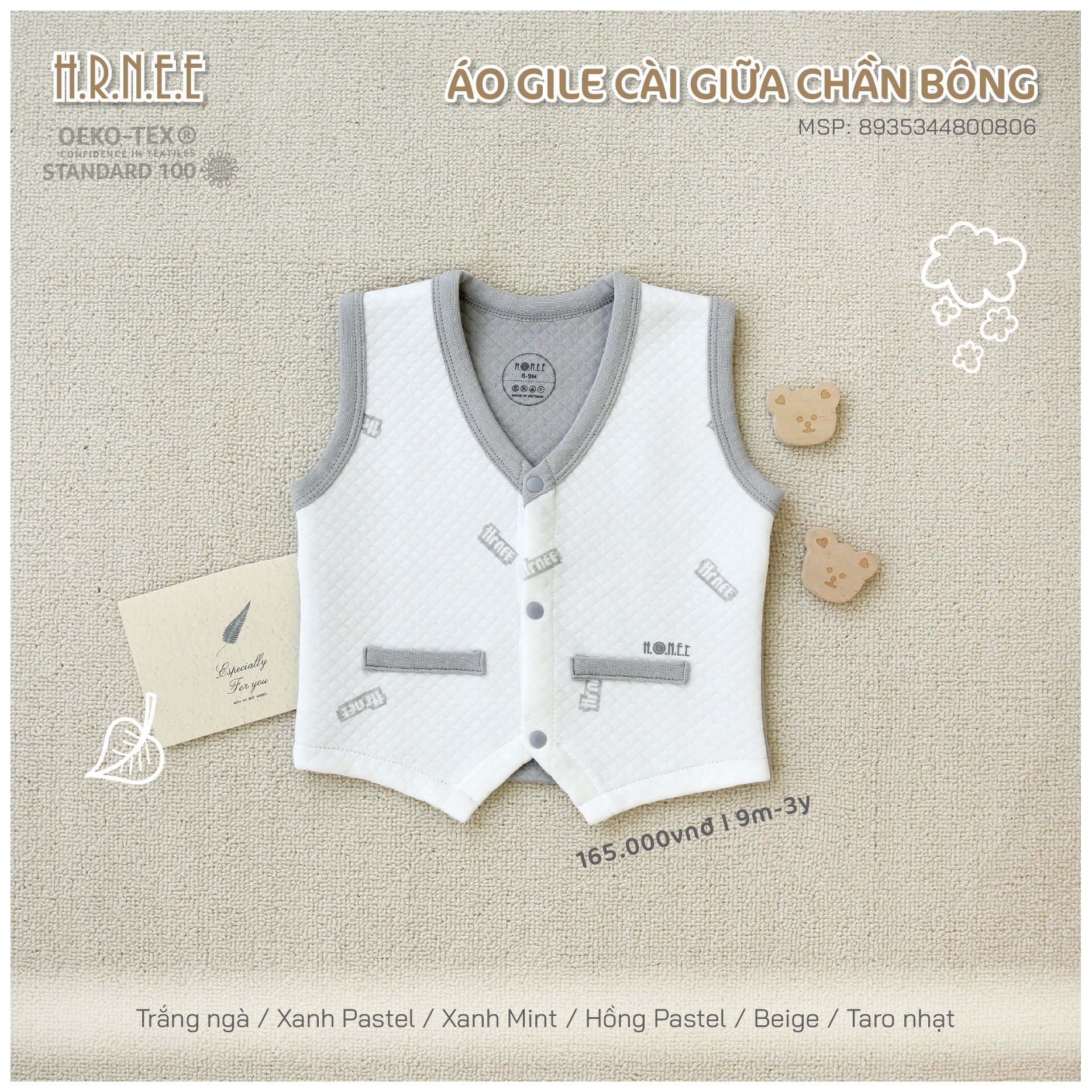 HRNEE Áo Gile cài giữa chần bông(S6-3Y)