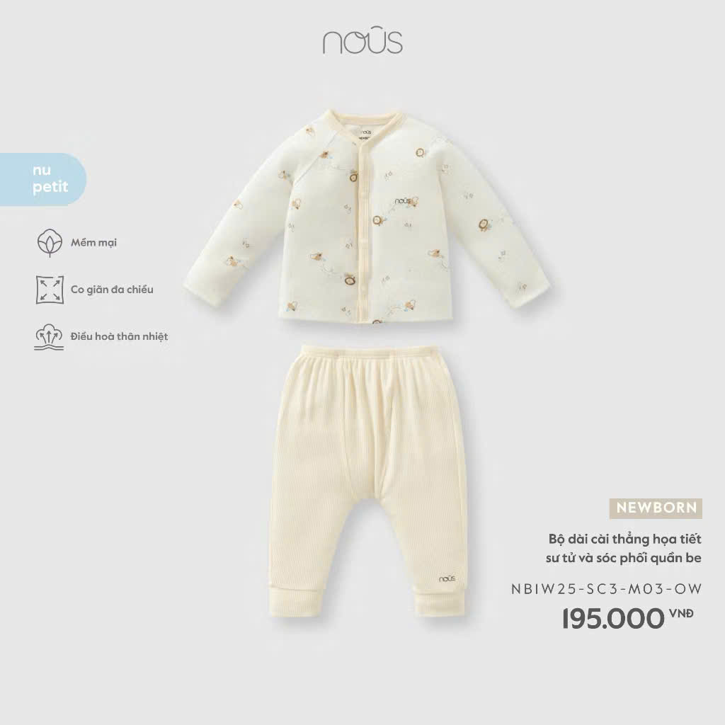 NOUS - Bộ dài cài thẳng họa tiết sư tử và sóc phối quần be NB