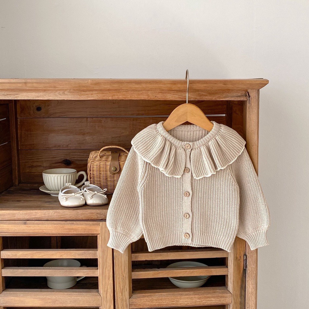 JS Cardigan len nâu tay bồng cổ viền bèo(66-80)