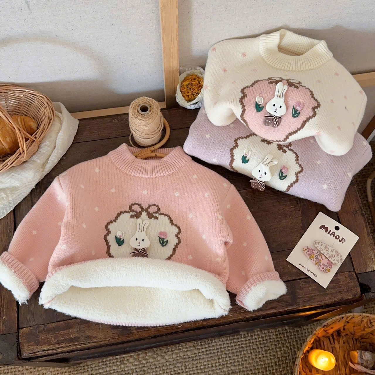 BK - Áo len lót lông đính thỏ(90-130)