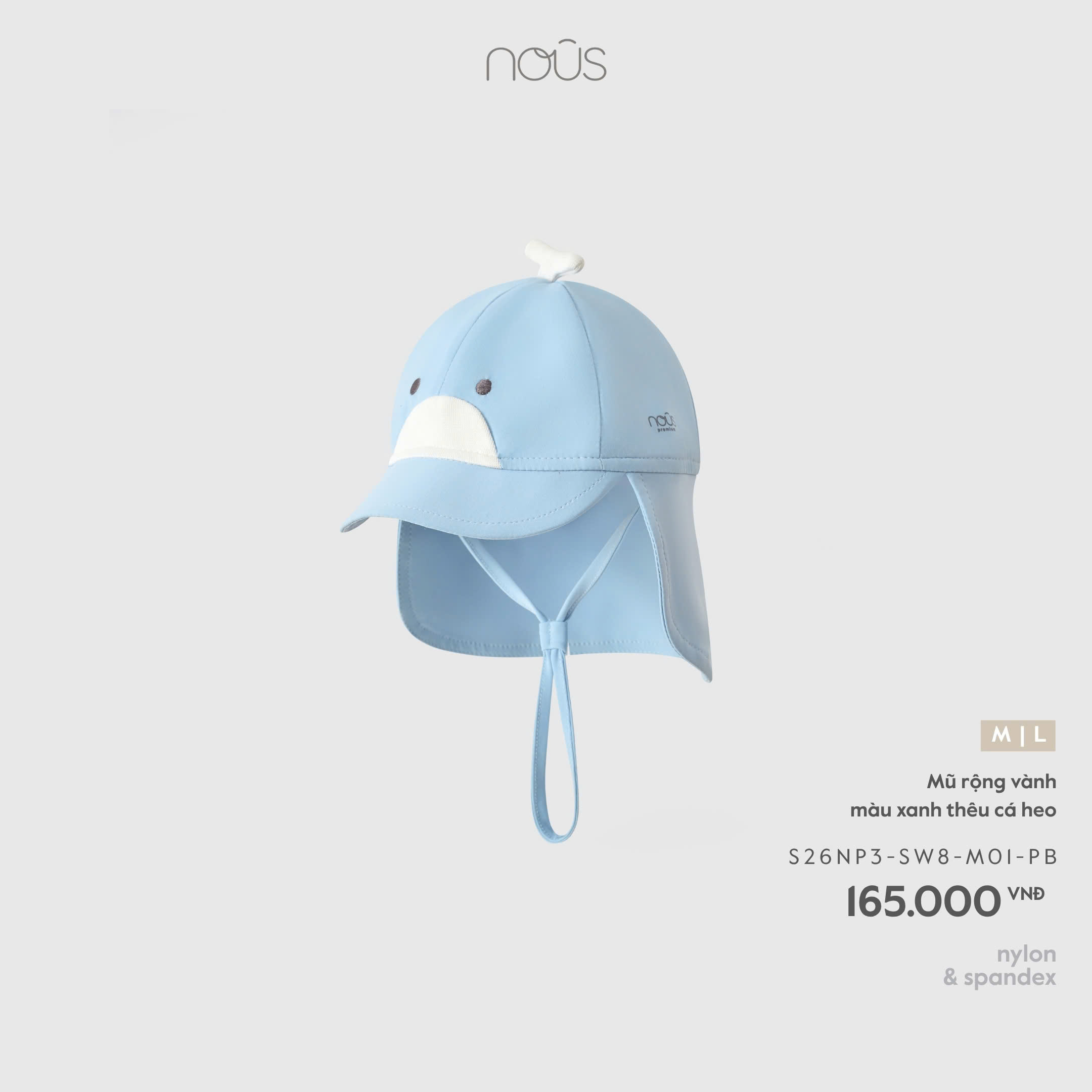 NOUS - Mũ rộng vành xanh thêu cá heo (M,L)