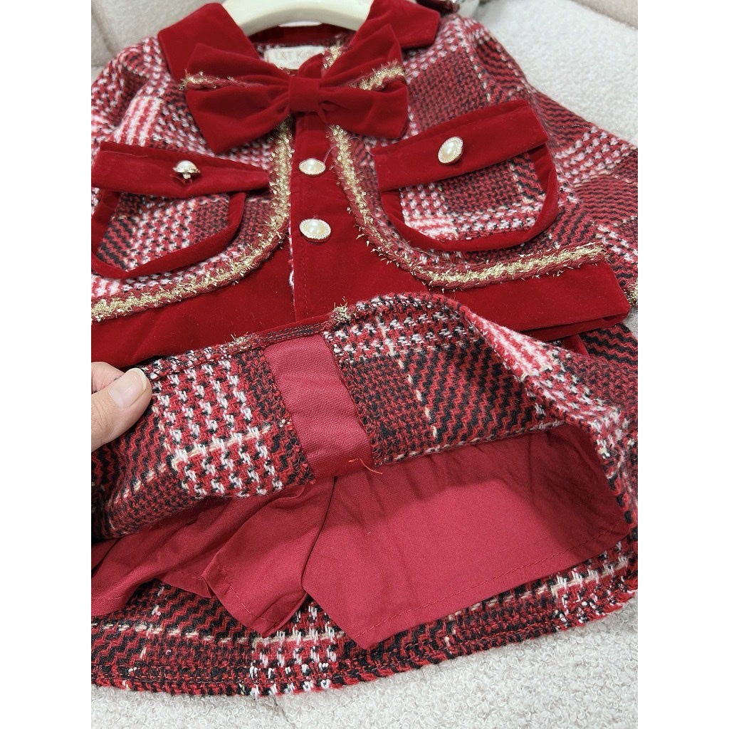 MT Set dạ Tweed đỏ cúc ngọc cổ nơ(90-130)