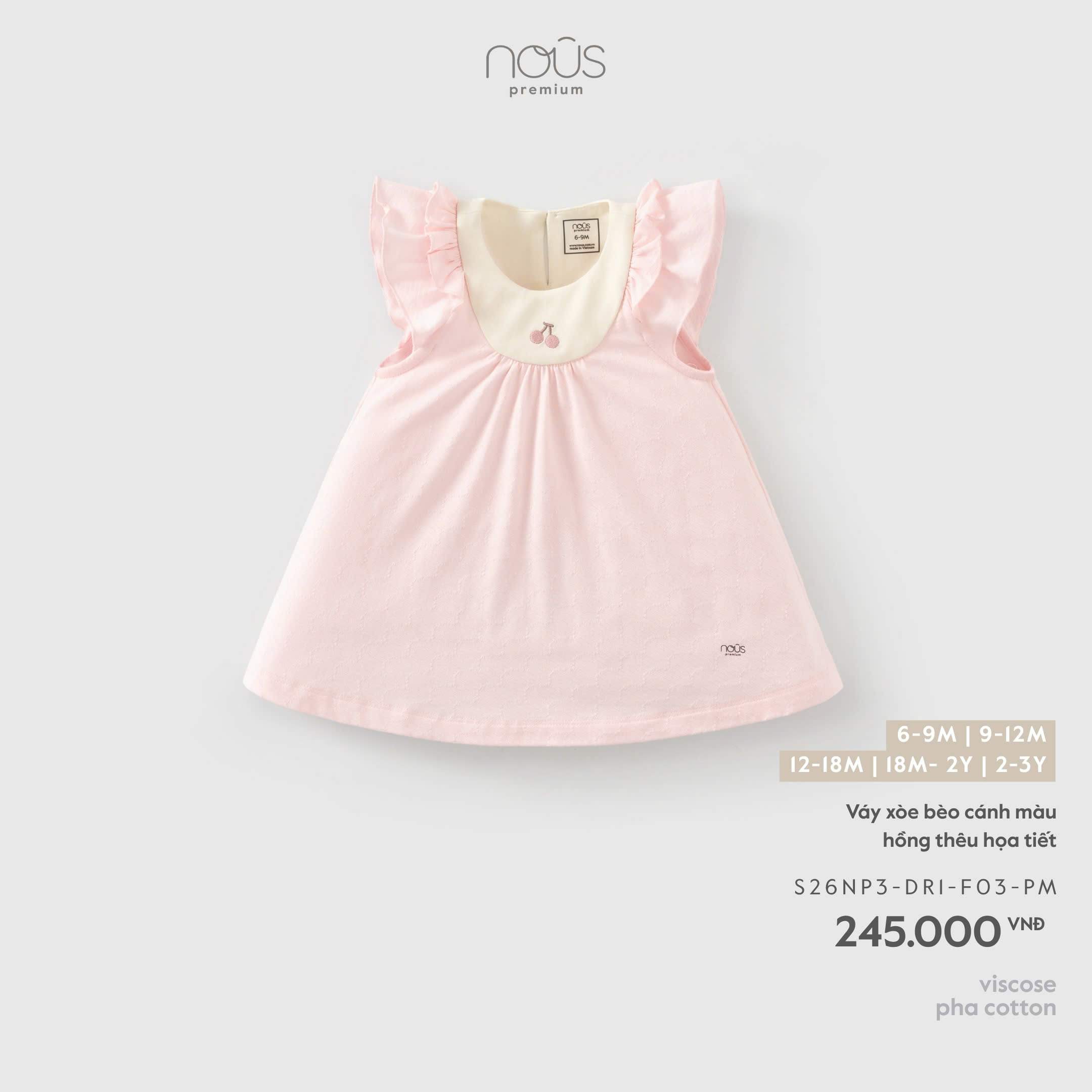 NOUS - Váy xòe bèo cánh màu hồng thêu hoạ tiết (6M-3Y)