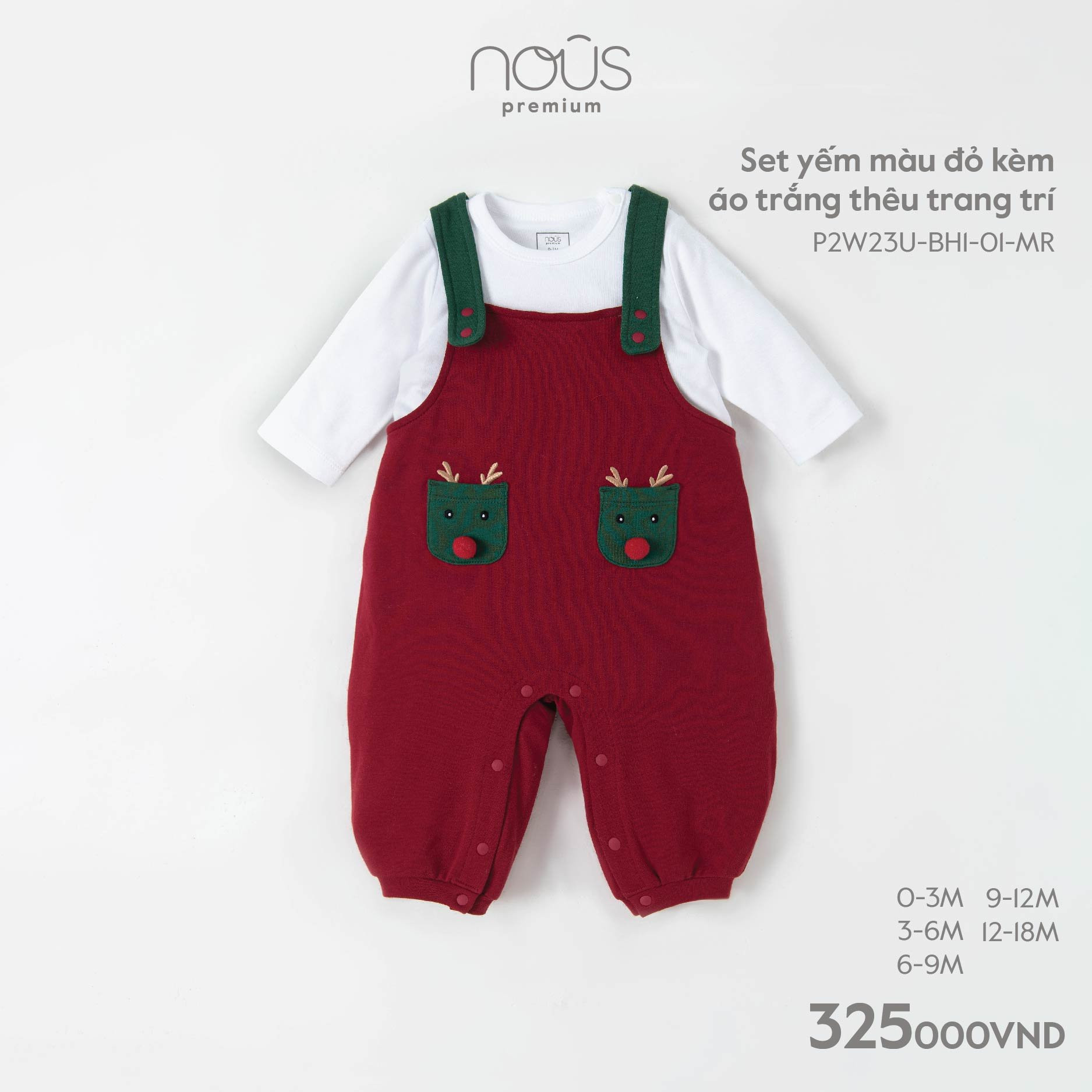 NOUS Set yếm màu đỏ kèm áo trắng thêu trang trí(0-12M)