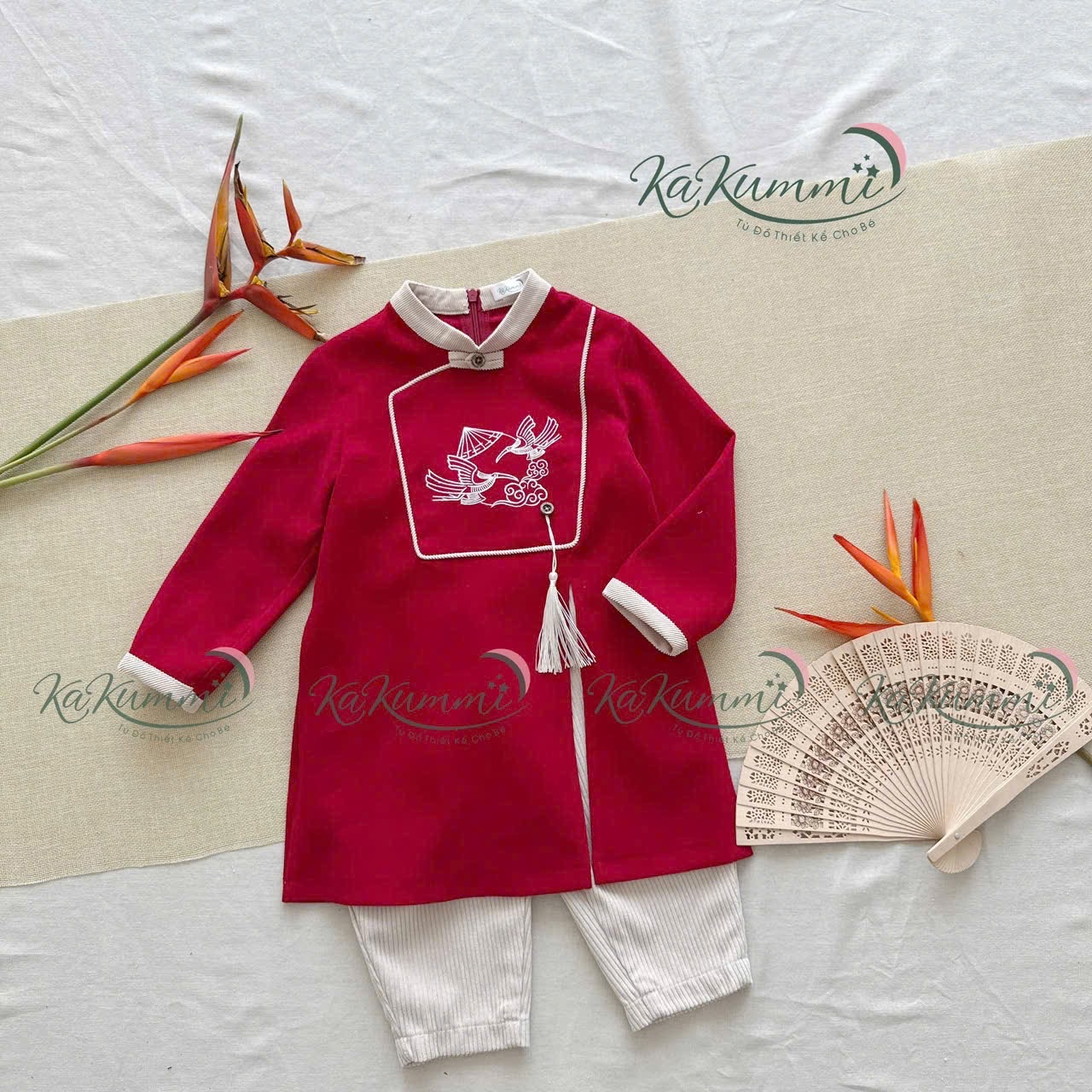 KAKUMMI - Áo dài đỏ thêu Hạc Vũ (80-140)