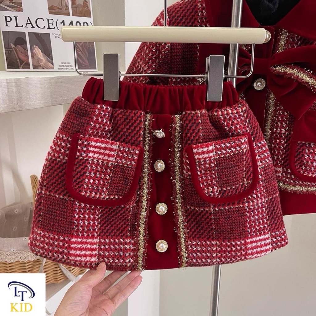 MT Set dạ Tweed đỏ cúc ngọc cổ nơ(90-130)
