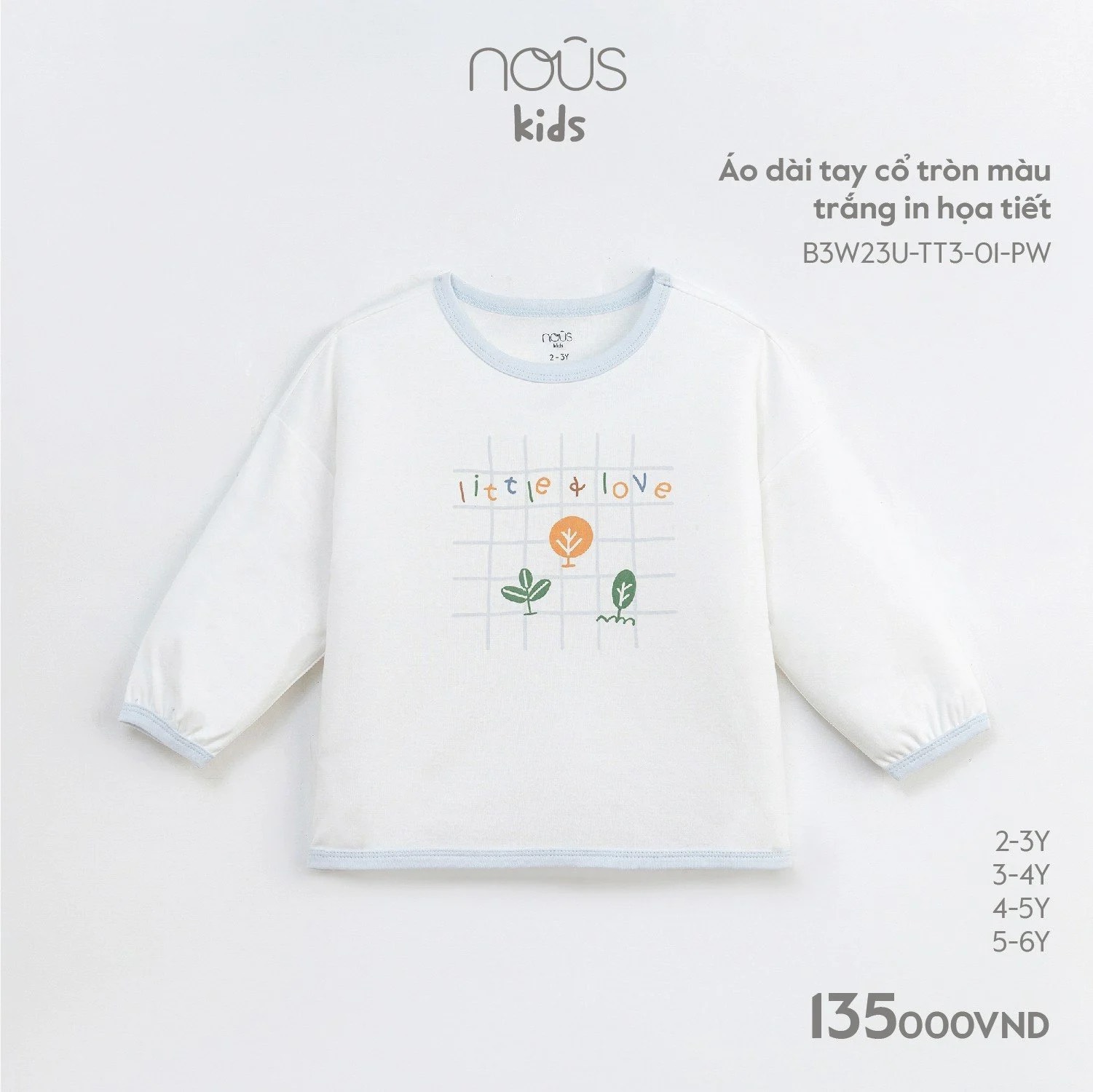 Nous Áo dài tay cổ tròn trắng in HT(S2-5Y)