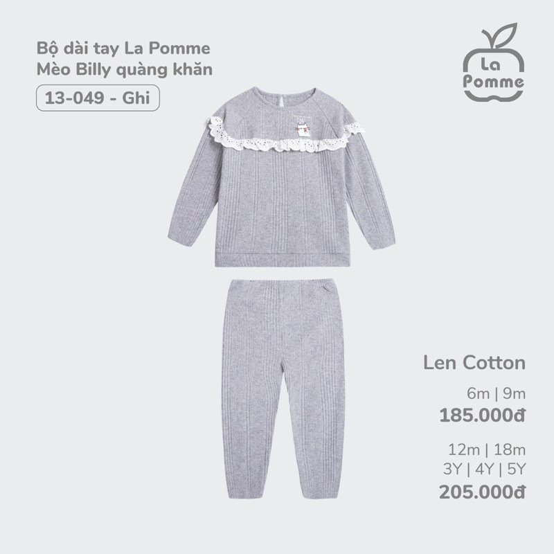 LA POMME - Bộ dài tay Mèo Billy quàng khăn ghi size 6-9m