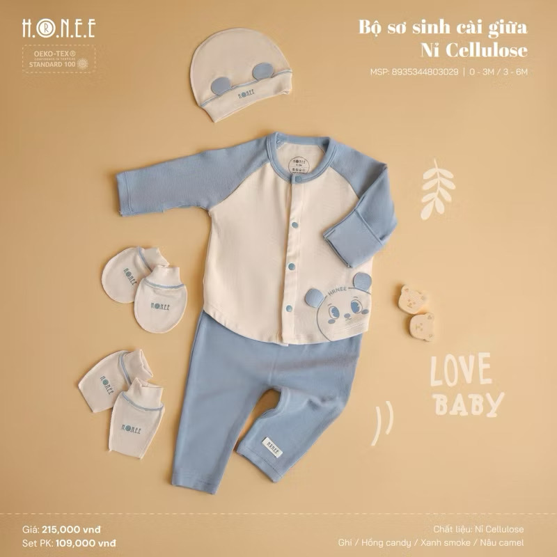 HRNEE - Bộ sơ sinh cài giữa CELLULOSE(0-6M)