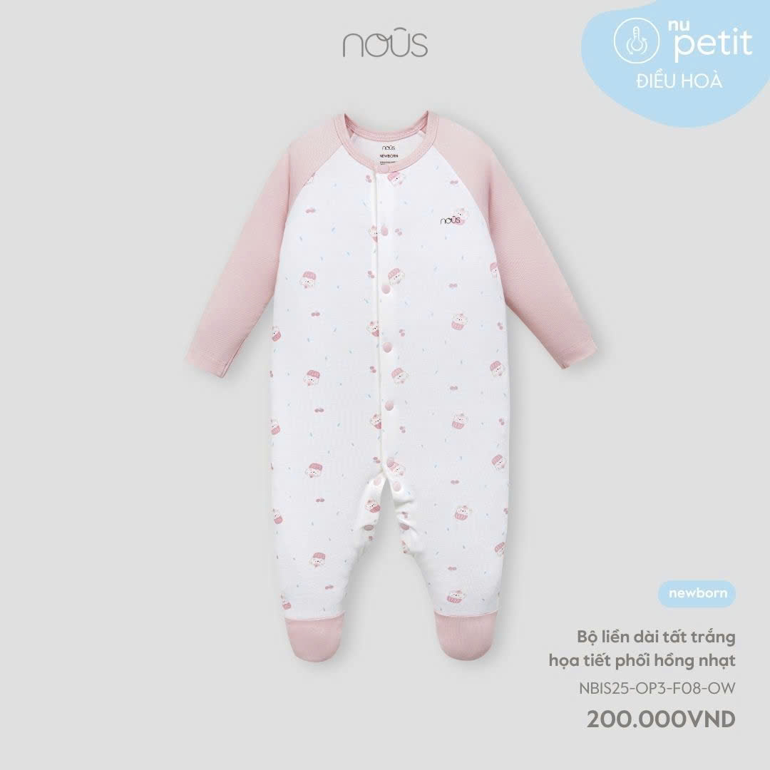 NOUS - Bộ liền dài tất trắng hoạ tiết phối hồng nhạt NB