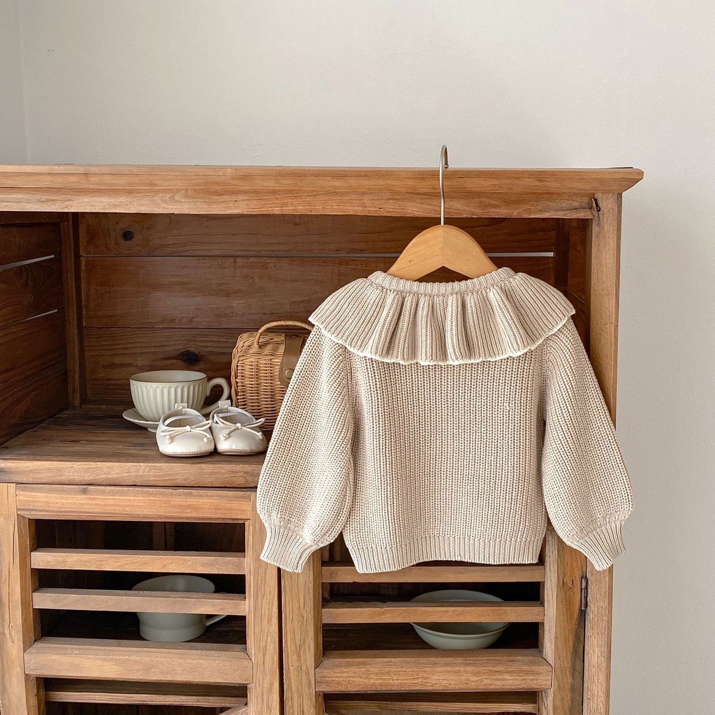 JS Cardigan len nâu tay bồng cổ viền bèo(66-80)