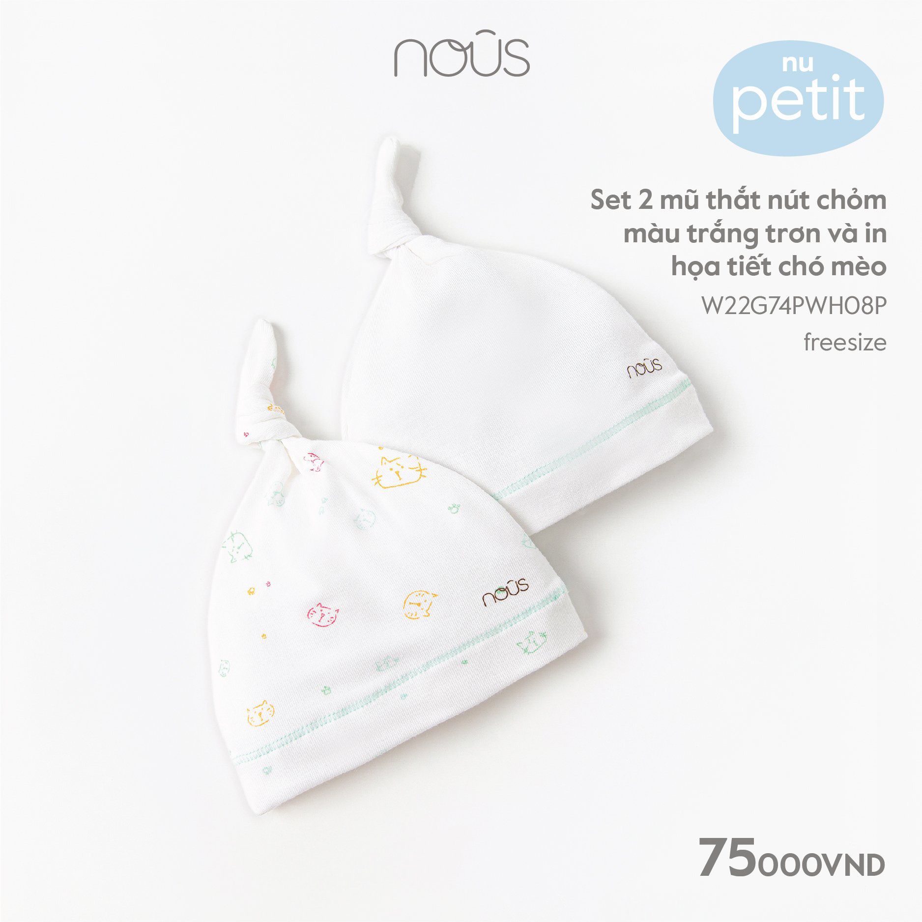 Nous Set 2 mũ chỏm TN màu trắng và in HT chó mèo