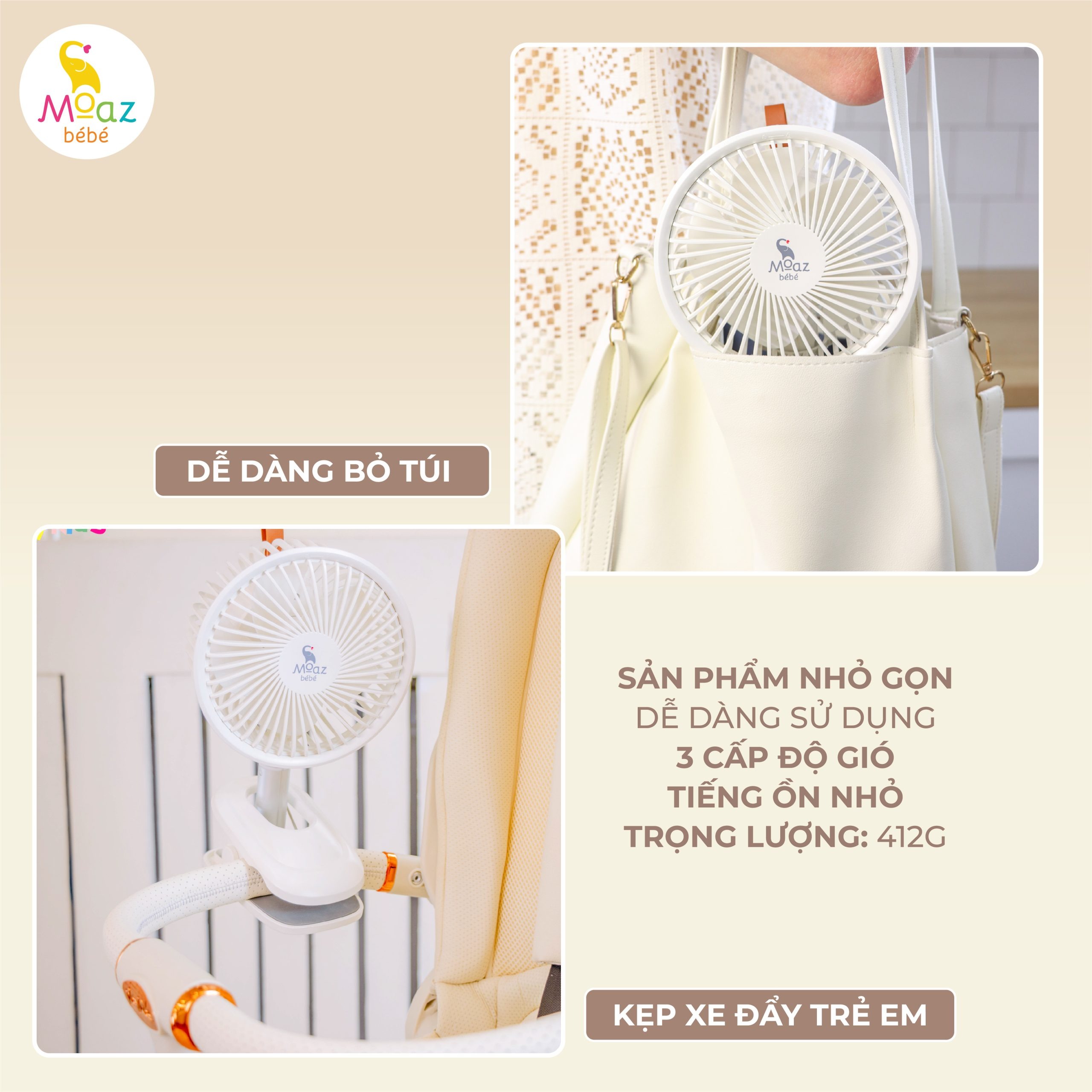 MOAZ - QUẠT KẸP XE ĐẨY MINI TÍCH ĐIỆN MB-063