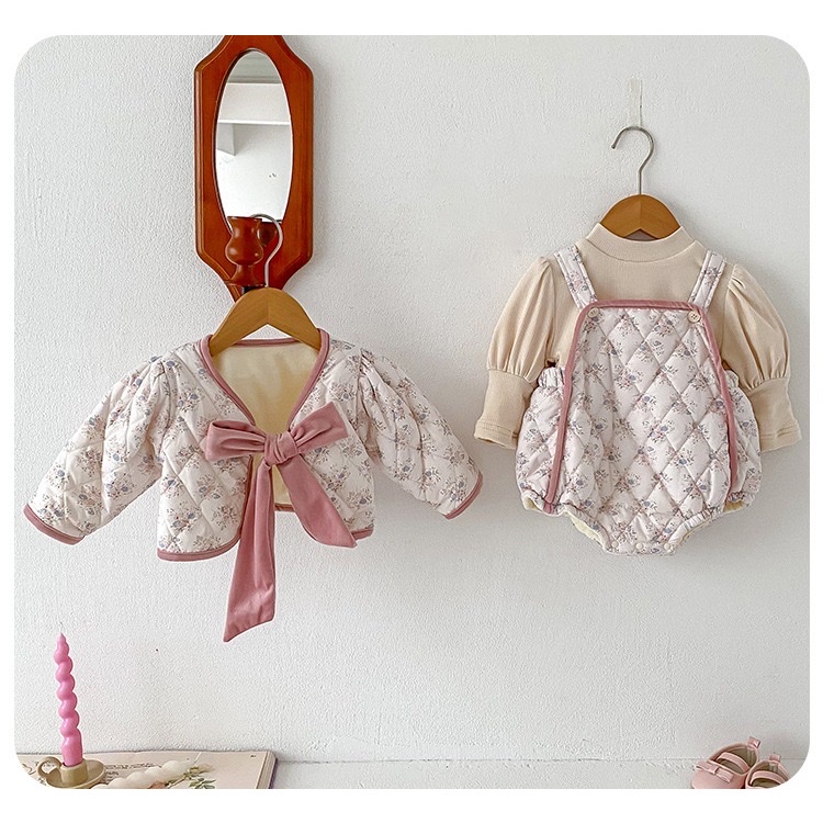 JS Set yếm phao hoa nhí hồng+khoác lửng nơ(66-80)