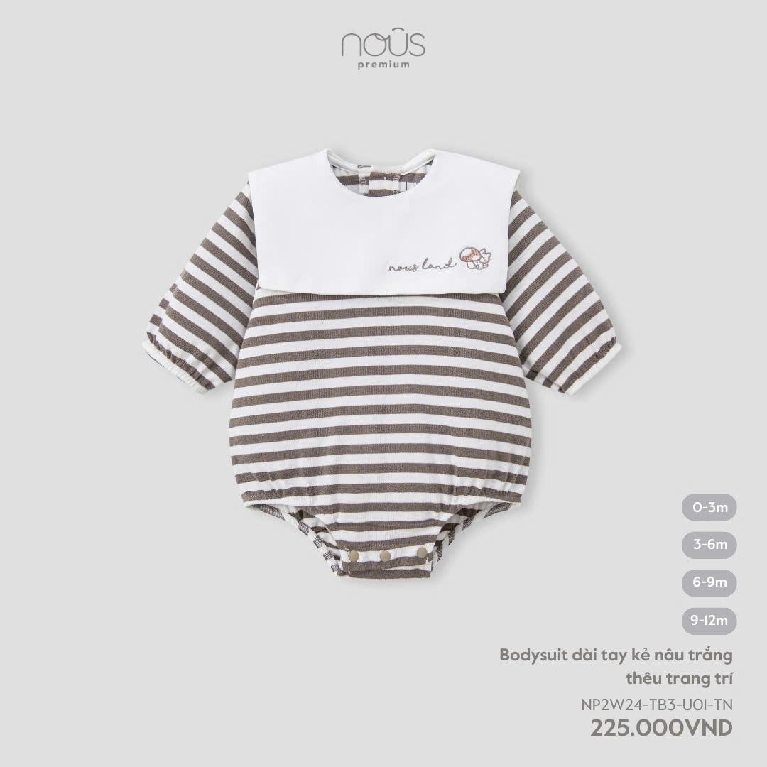 NOUS - Bodysuit dài tay kẻ nâu trắng thêu trang trí( 0-9M)