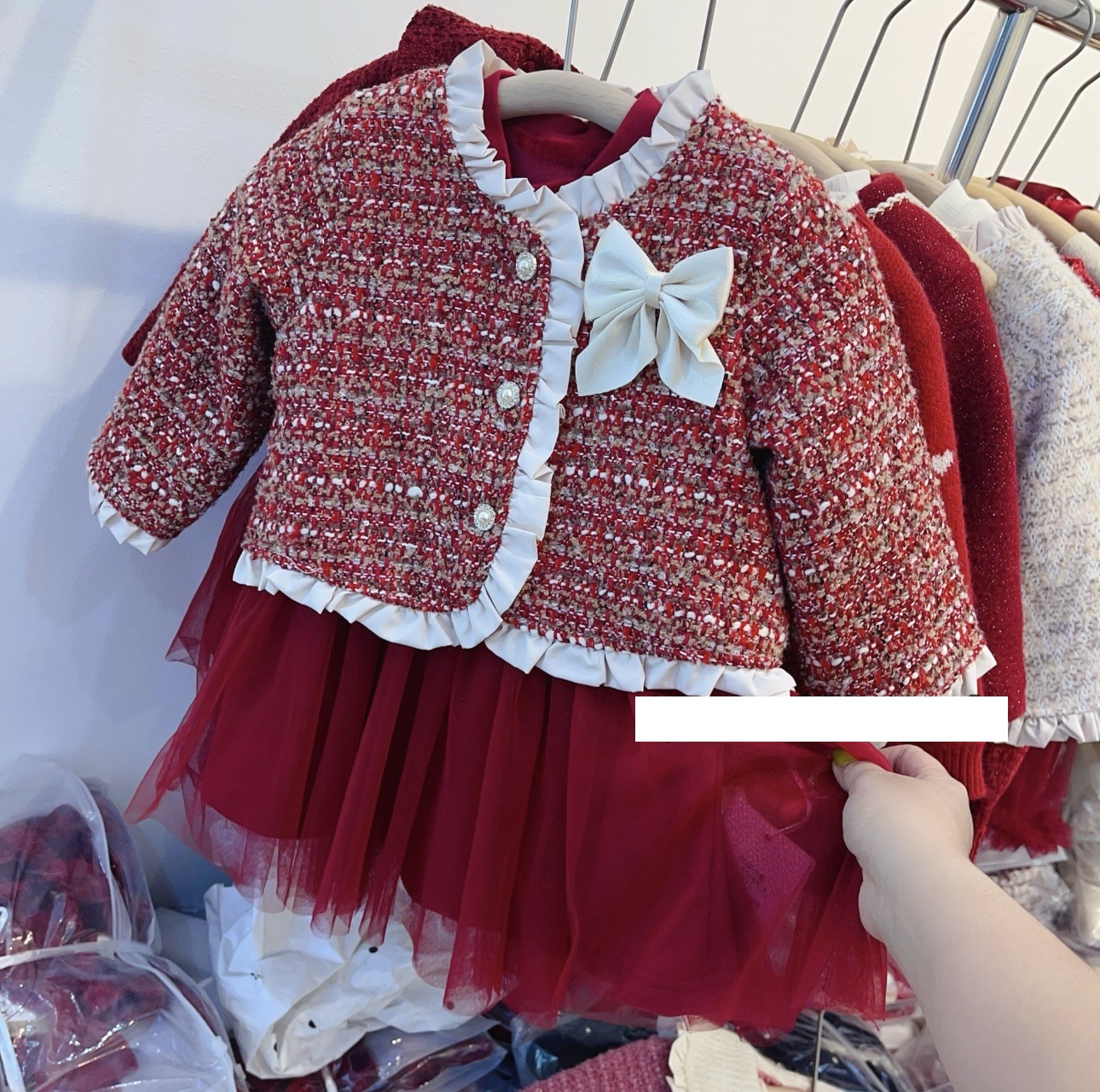 MT Set áo dạ Tweed đính nơ kèm váy đỏ(90-130)