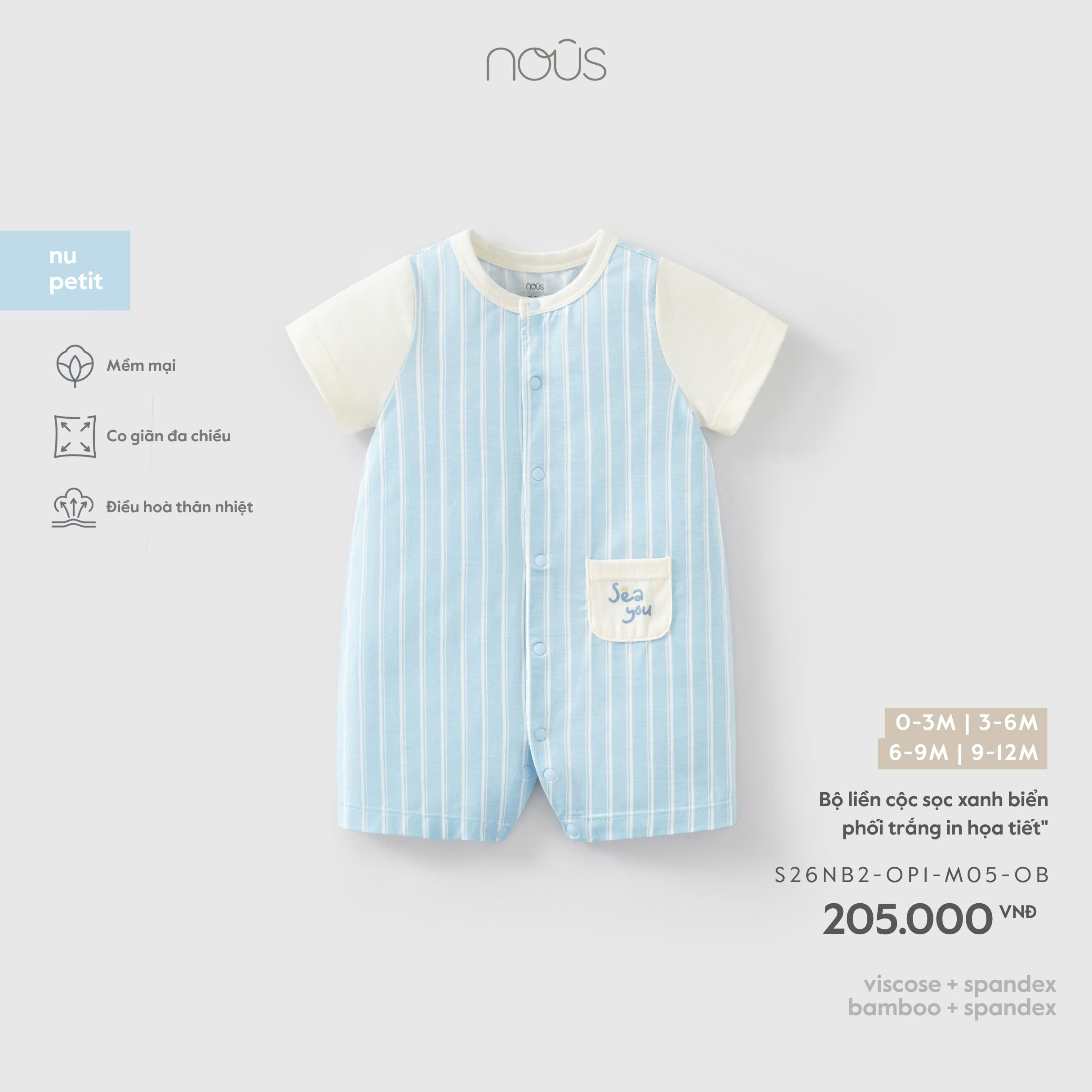 NOUS - Bộ liền cộc sọc xanh biển phối be in họa tiết (0-9M)