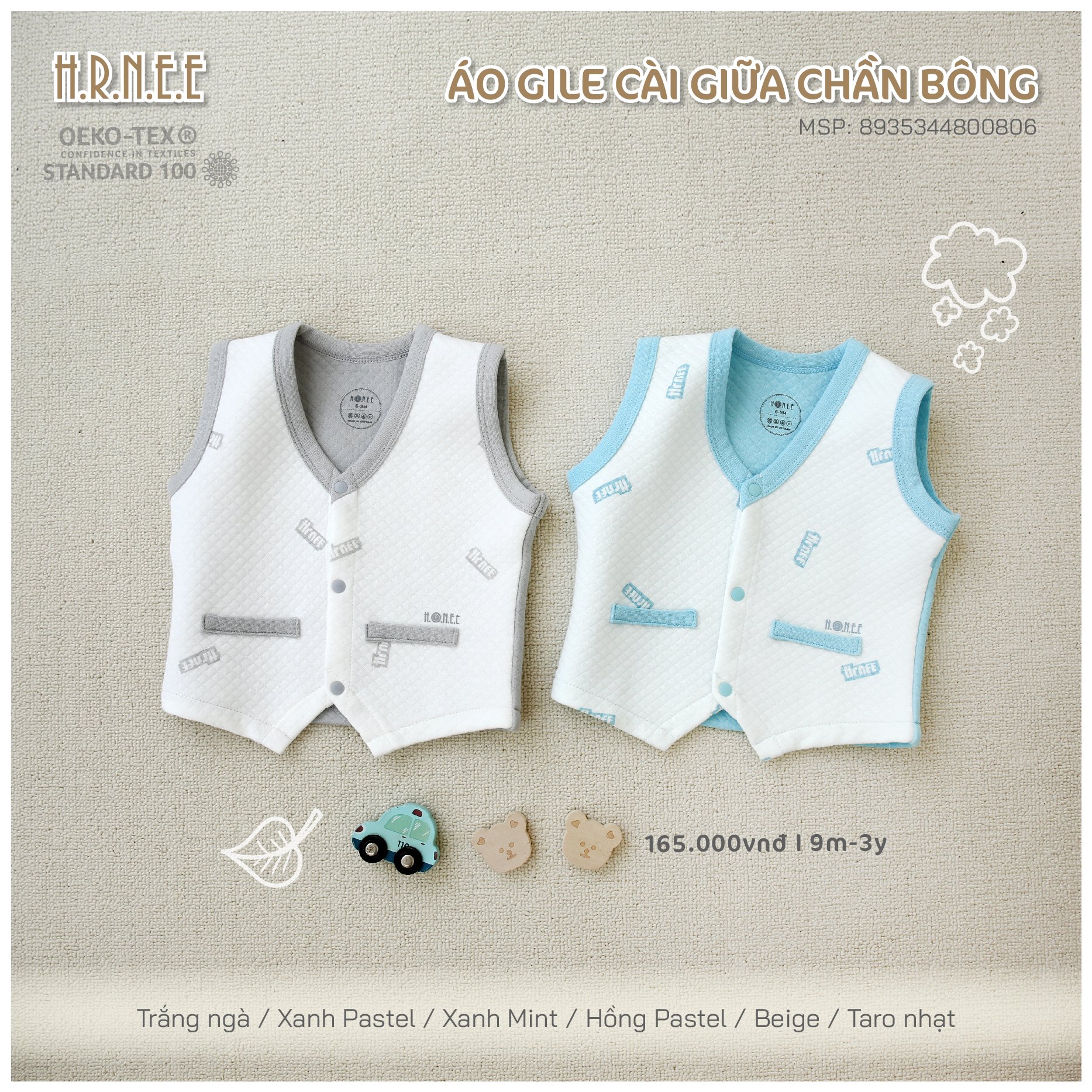HRNEE Áo Gile cài giữa chần bông(S6-3Y)