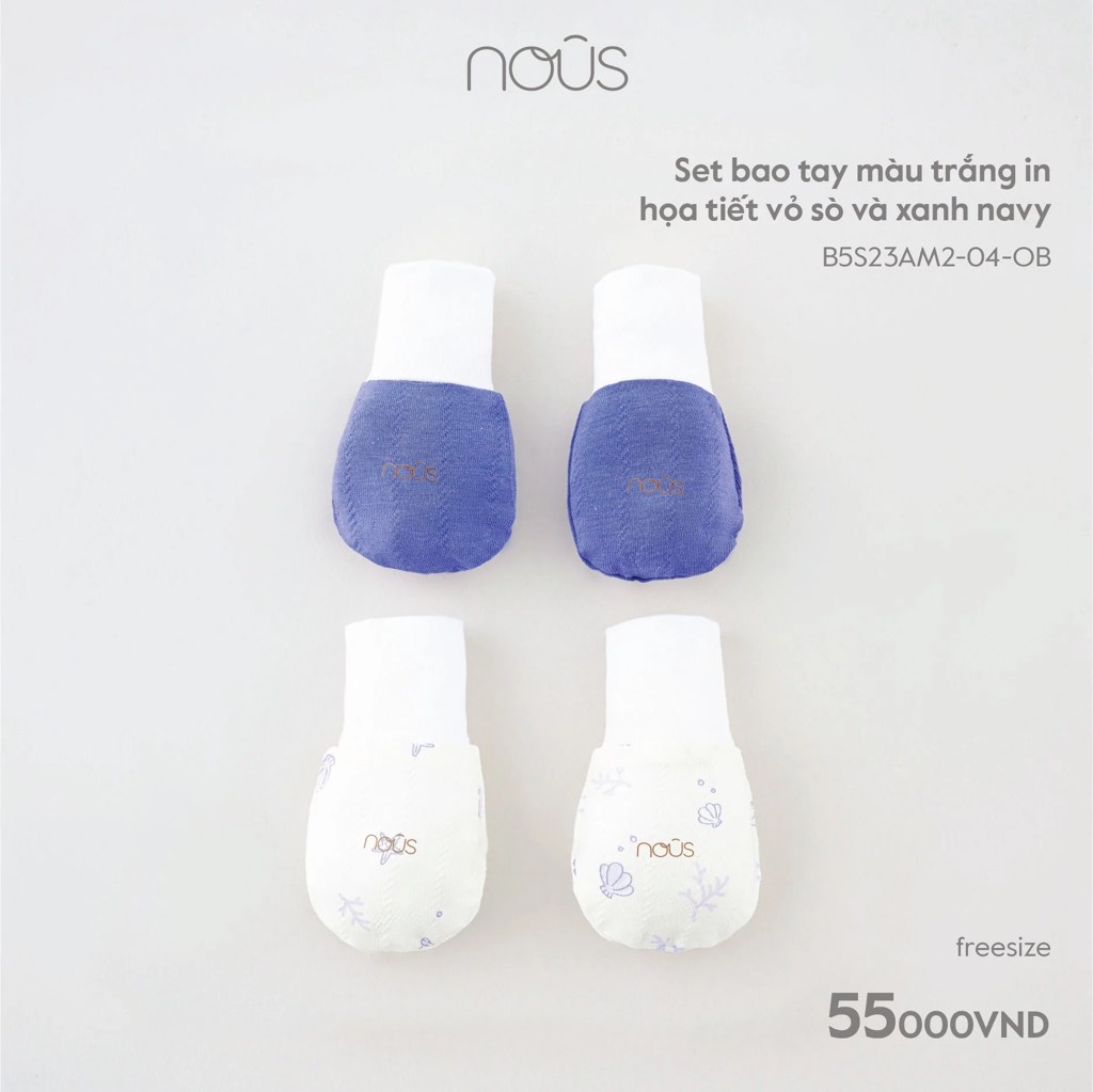 Nous Set Bao tay trắng in hoạ tiết vỏ sò và xanh navy