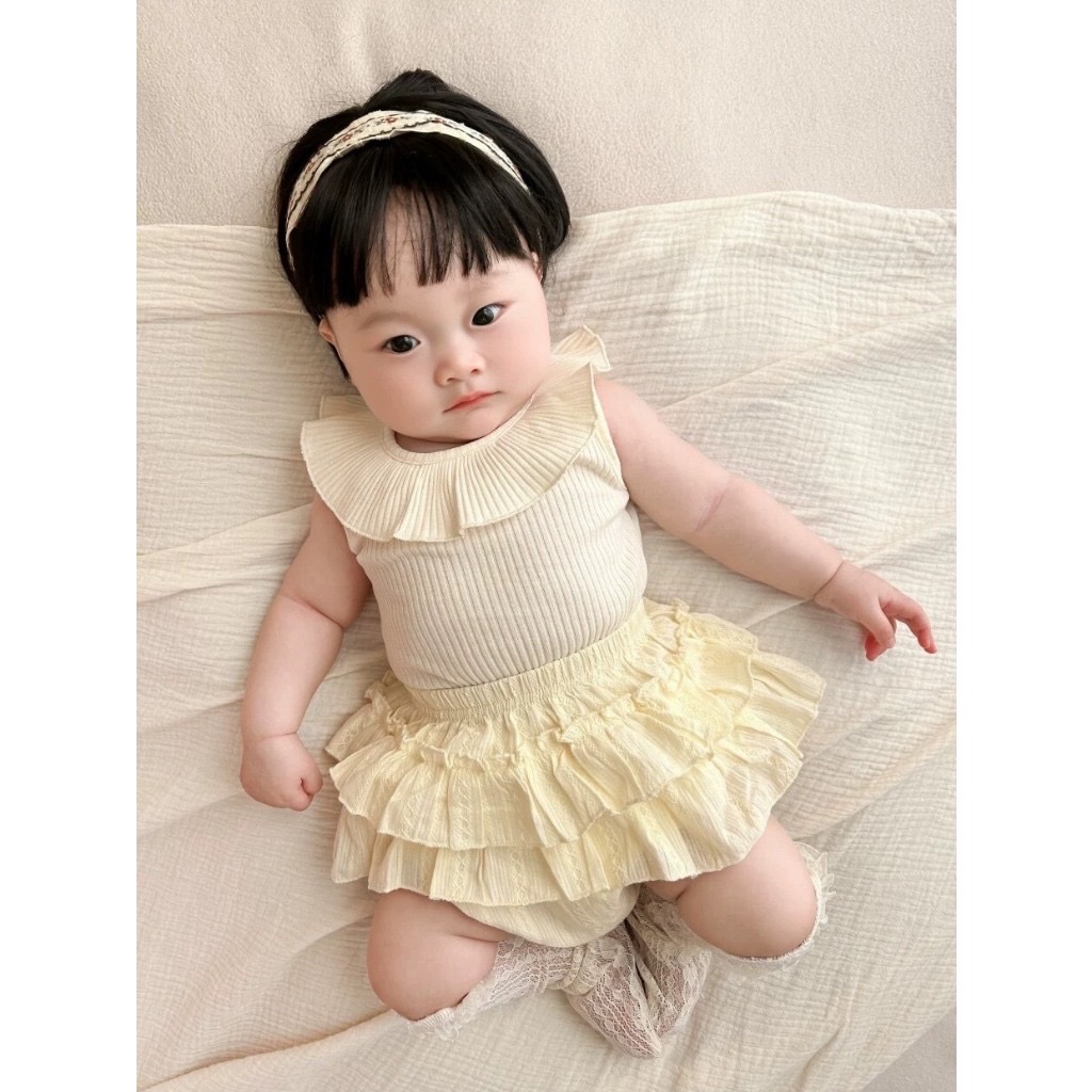 TMT - Set áo cổ lá sen+váy 2 tầng be(66-90)