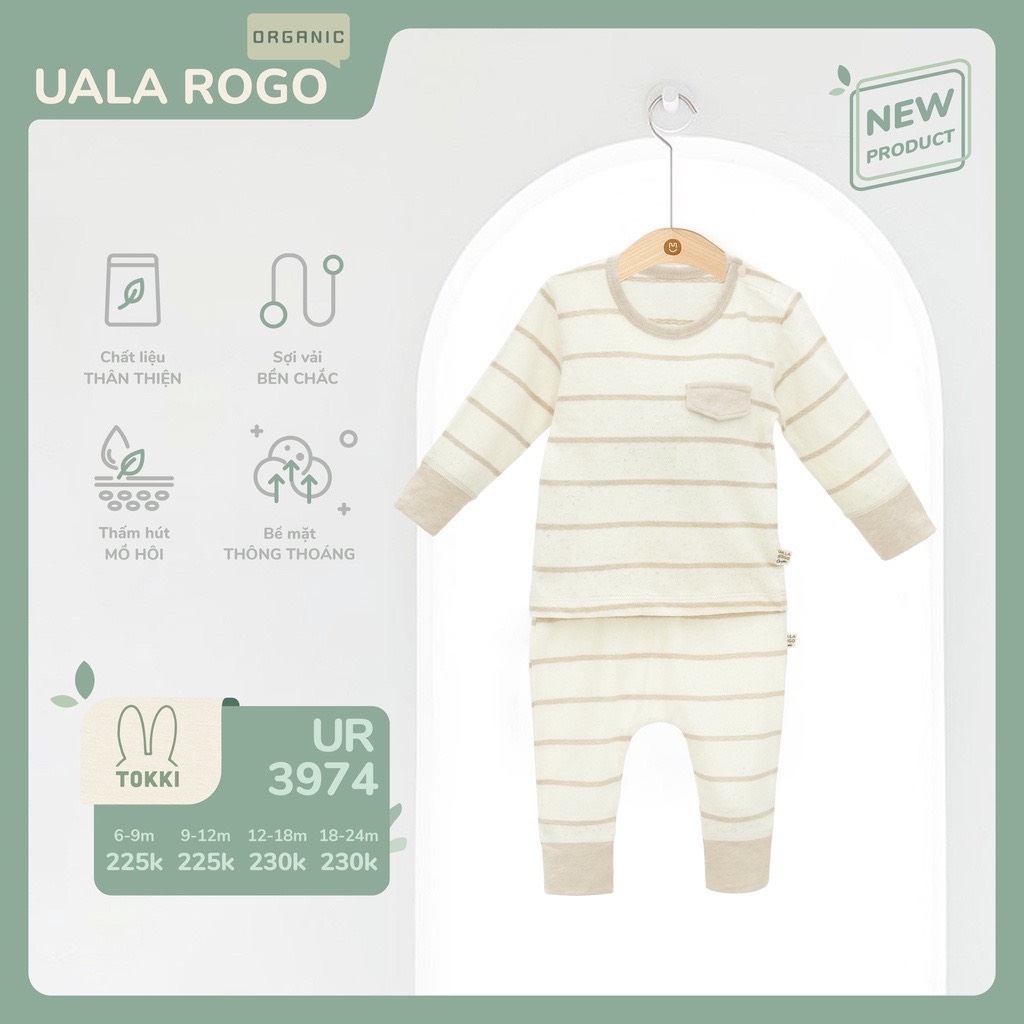 UALA ROGO Bộ cài vai dài tay Organic kẻ(6-24M)