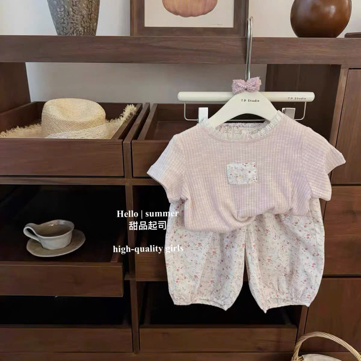 TL - Set áo cộc hồng mix quần thụng hoa nhí (80-130)