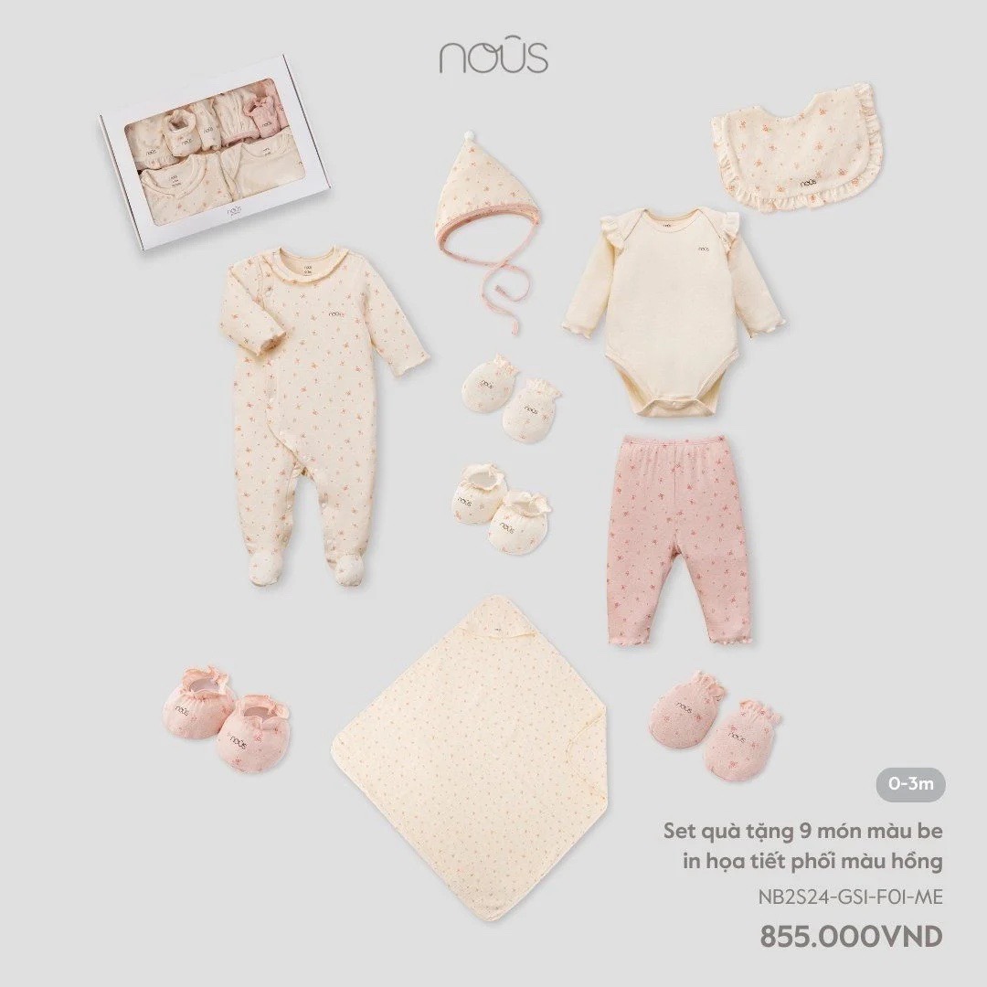 NOUS - Set quà tặng 9 món màu be in hoạ tiết phối màu hồng 0M