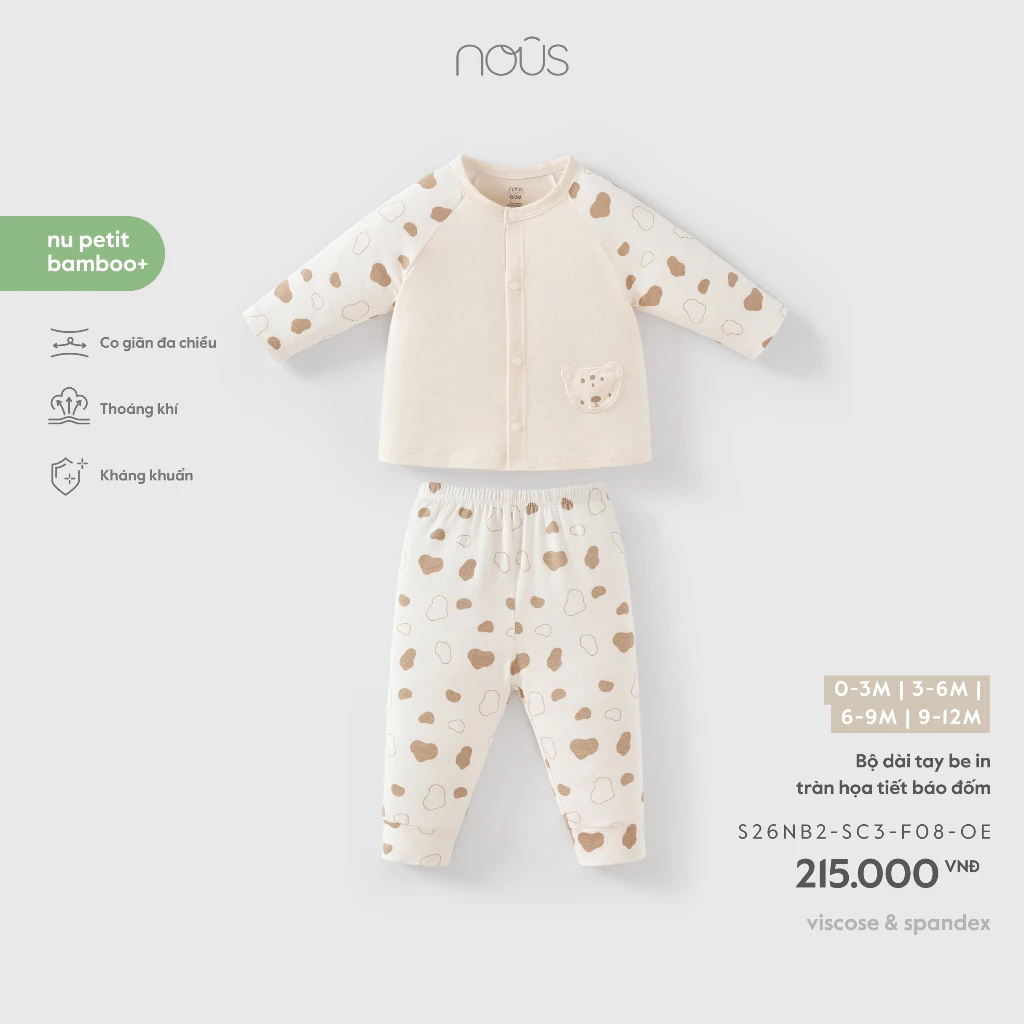 NOUS - Bộ dài tay be in tràn hoạ tiết báo đốm (0-6M)