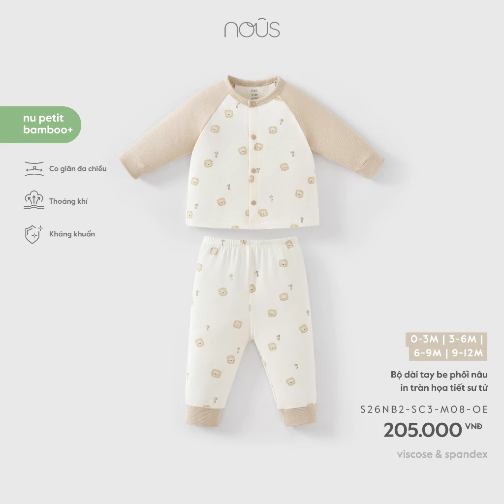 NOUS - Bộ dài tay phối nâu in tràn hoạ tiết sư tử (0-6M)