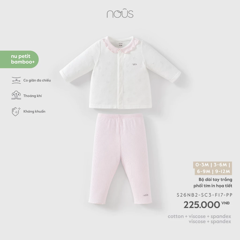 NOUS - Bộ dài tay trắng phối tím in hoạ tiết (0-6M)