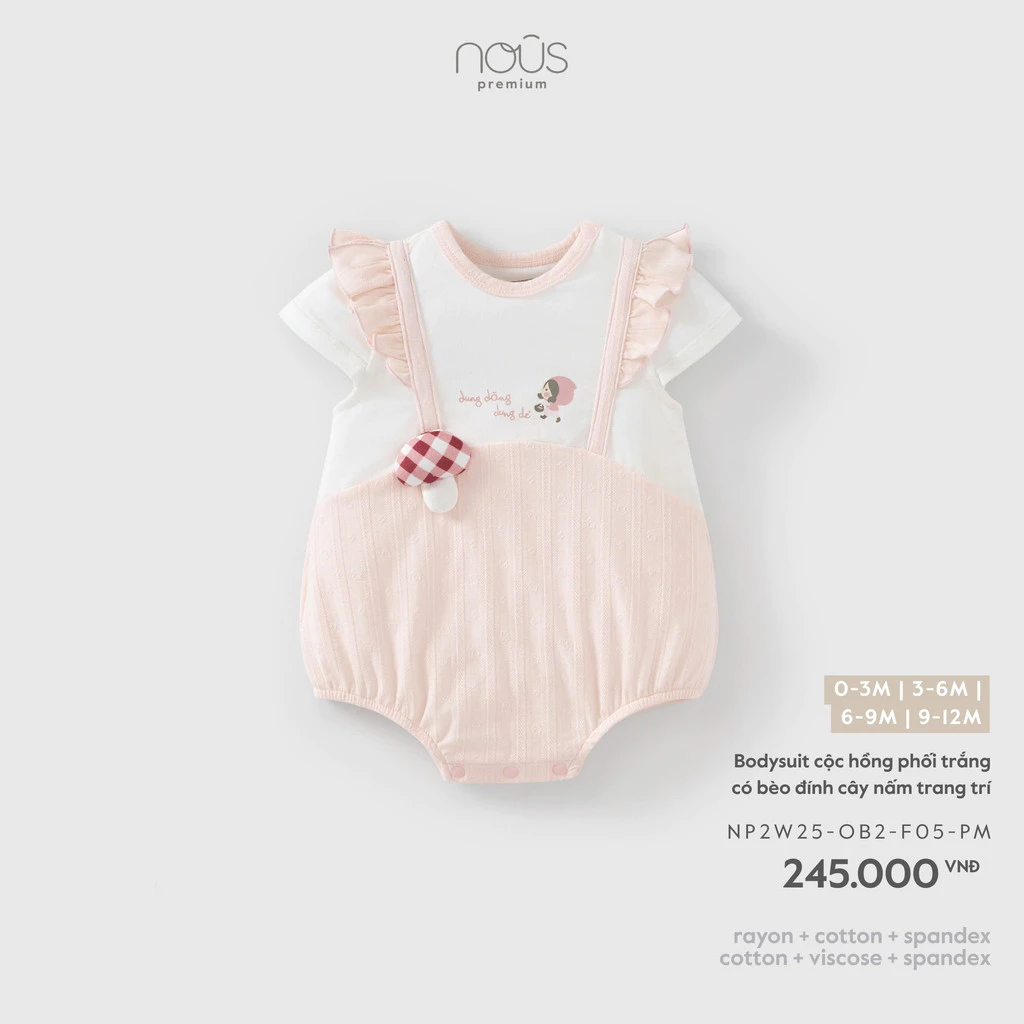 NOUS - Bodysuit cộc hồng phối trắng có bèo đính cây nấm trang trí (0-9M)
