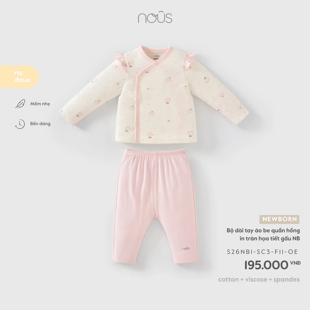 NOUS - Bộ dài tay áo be quần hồng in tràn hoạ tiết gấu NB