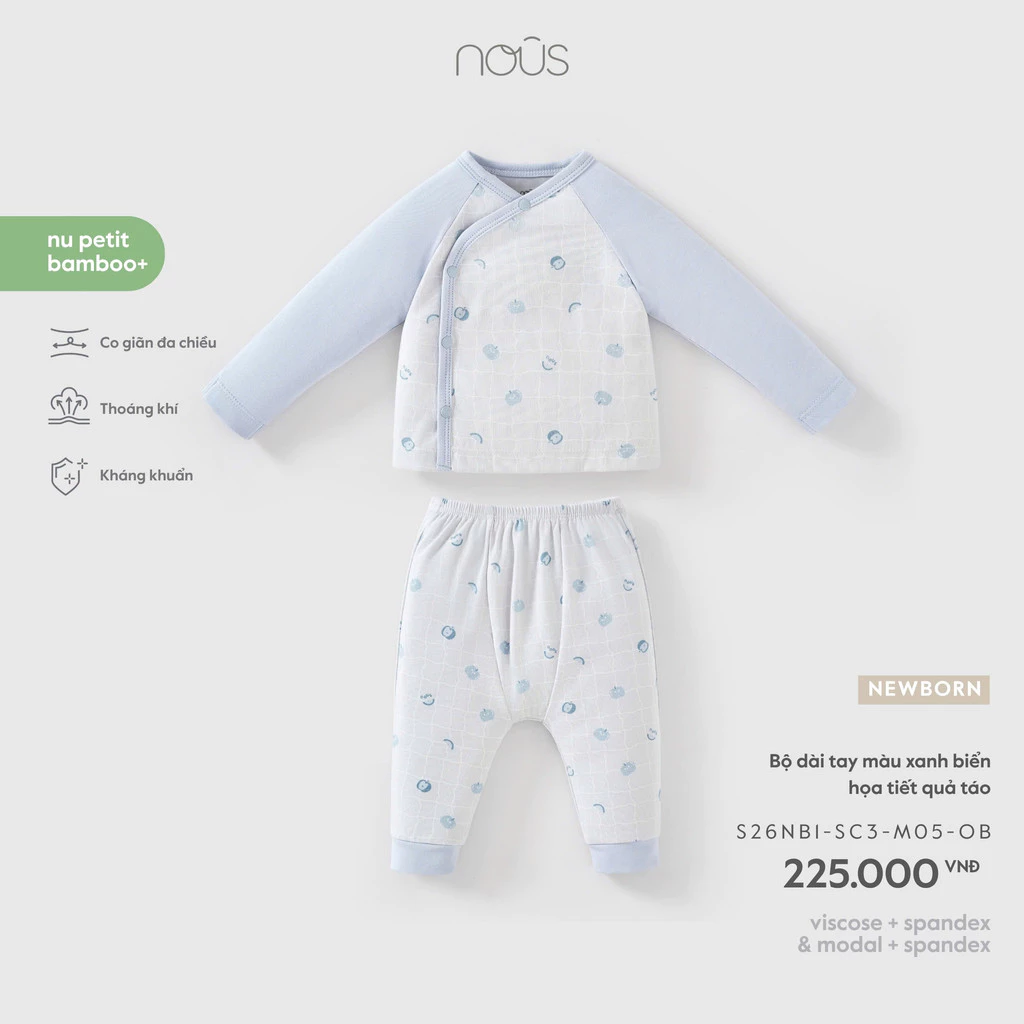 NOUS - Bộ dài tay màu xanh biển họa tiết quả táo NB