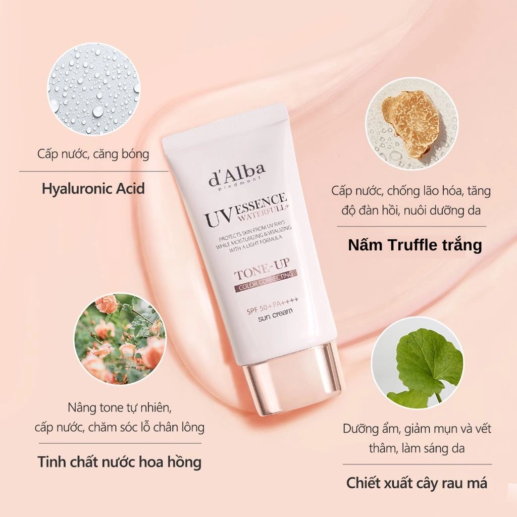 D'ALBA - SET 2 KEM CHỐNG NẮNG SPF 50+ NÂNG TONE HỒNG WATERFULL TONE-UP SUNCREAM 50ML